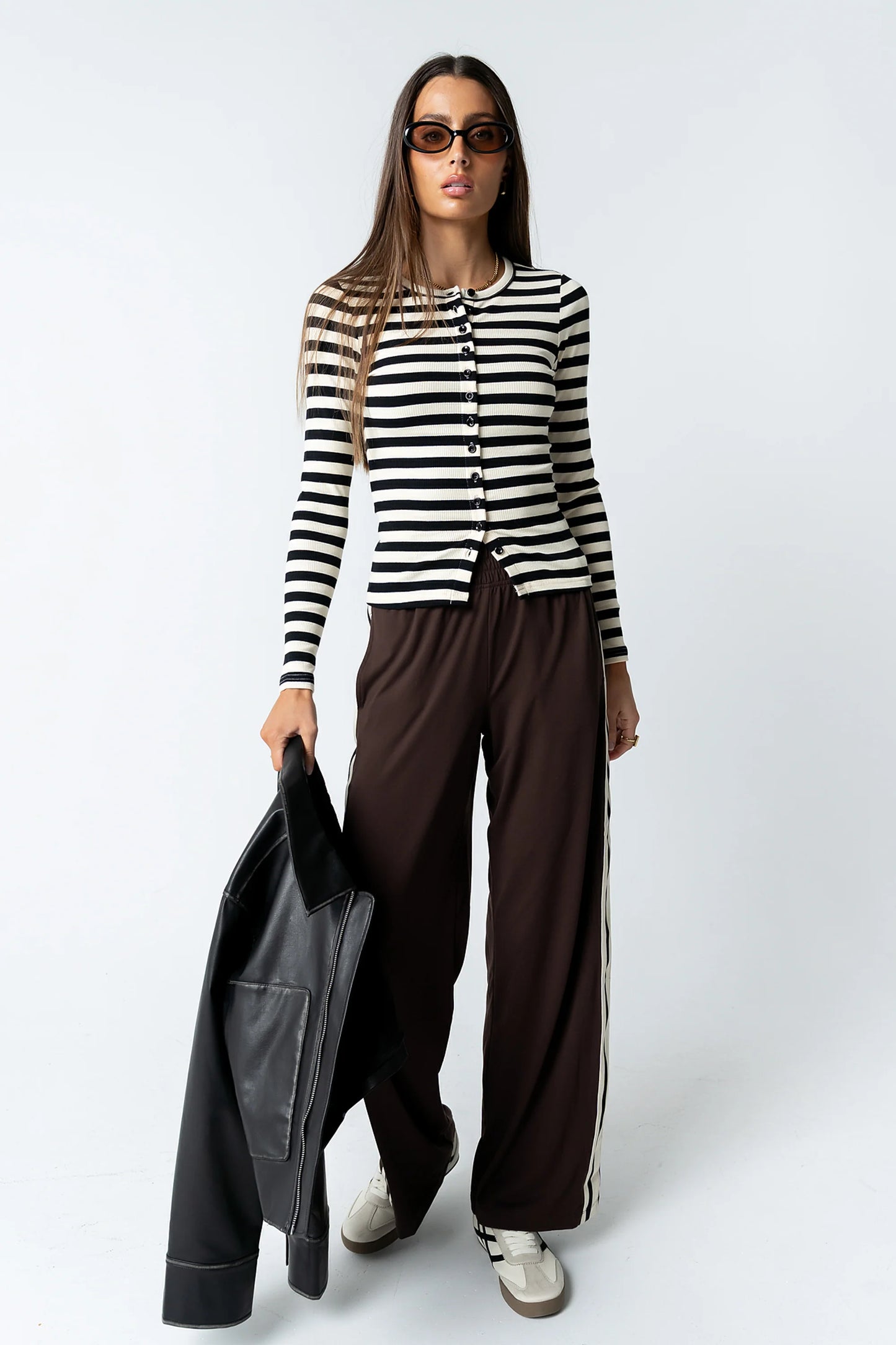 Mia Button Up Top in Striped Black