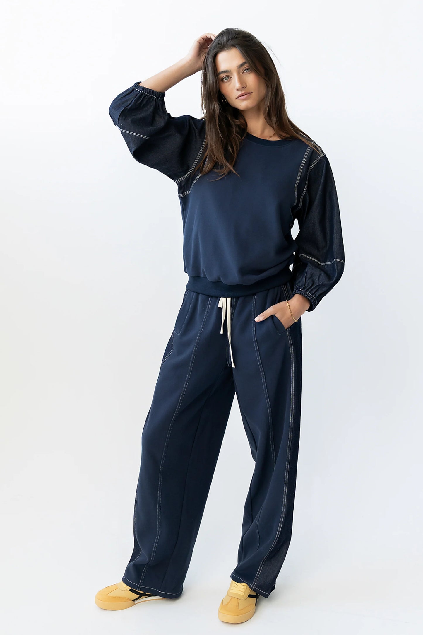 Malinda Mixed Media Top in Dark Wash