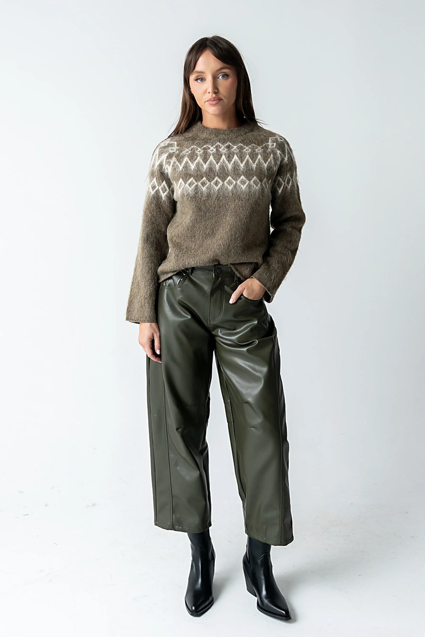 Langston Vegan Leather Barrel Jeans in Olive