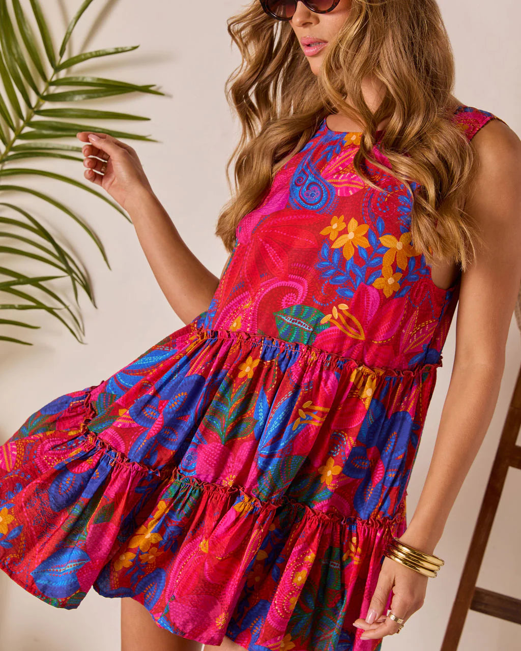 Beachside Blossom Abstract Tiered Mini Dress
