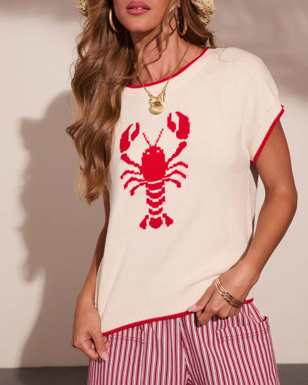 Red Claw Coastline Knit Graphic Lobster Print Sweater