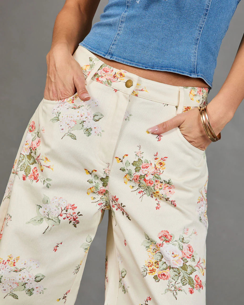 Sunlit Petals Rigid Mid Rise Wide Leg Floral Jeans
