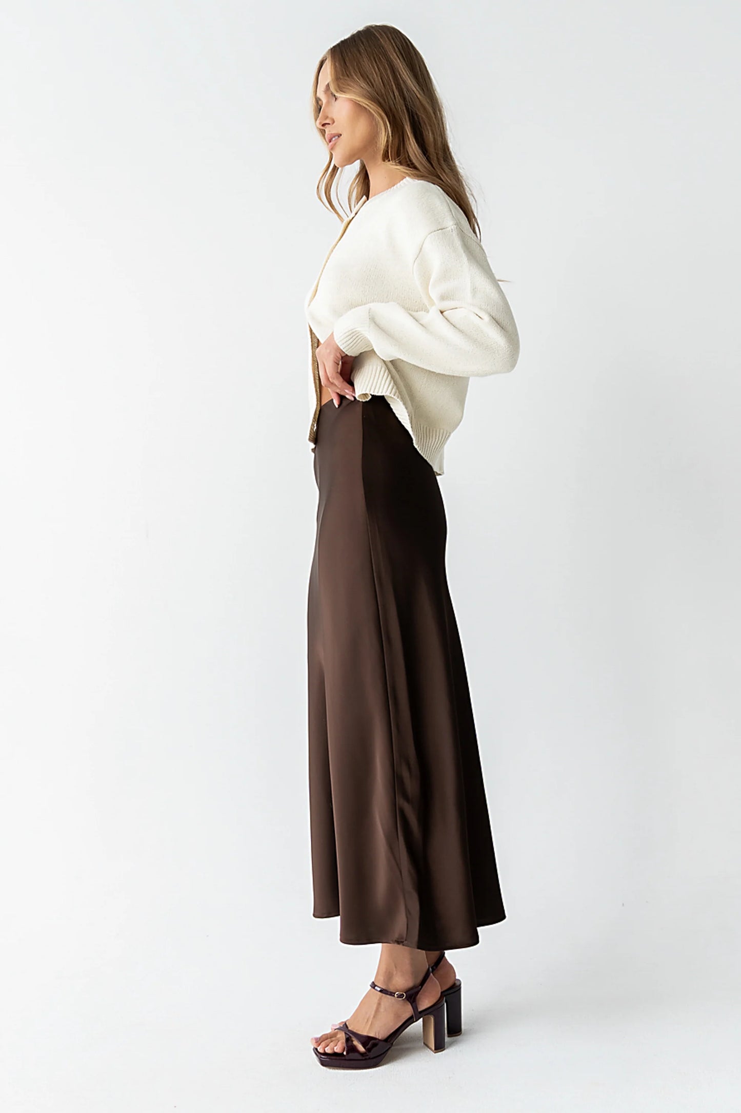 Tory Satin Maxi Skirt in Brown