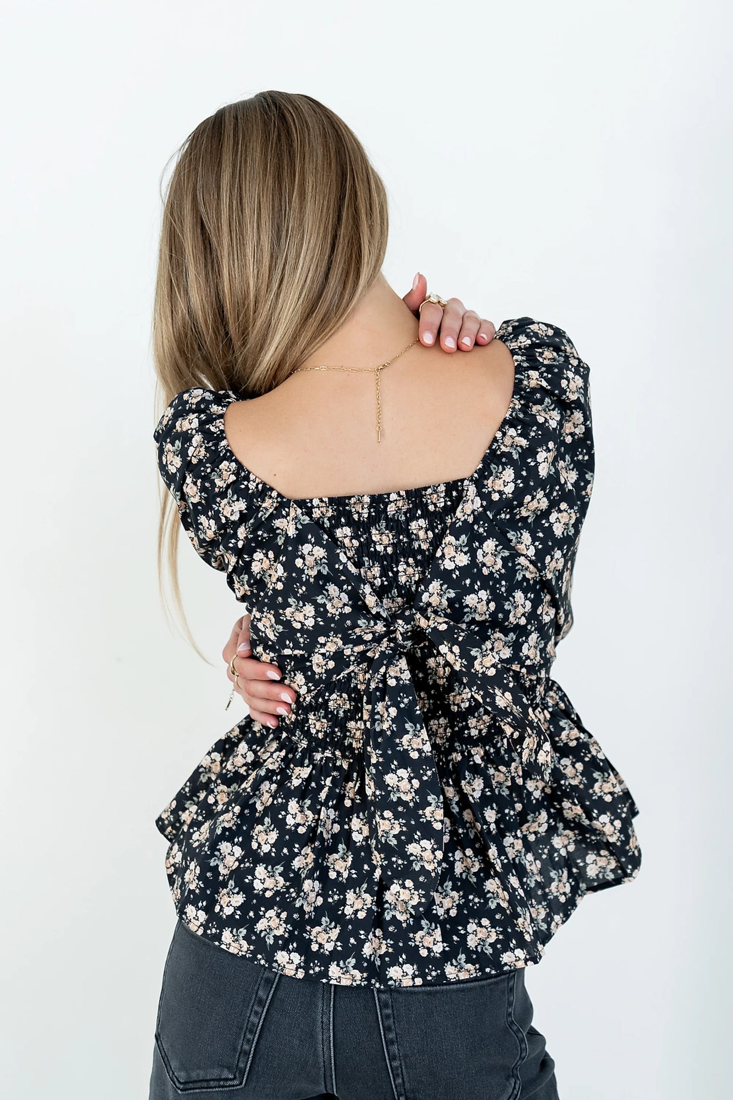 Jerzey Floral Peplum Blouse in Black