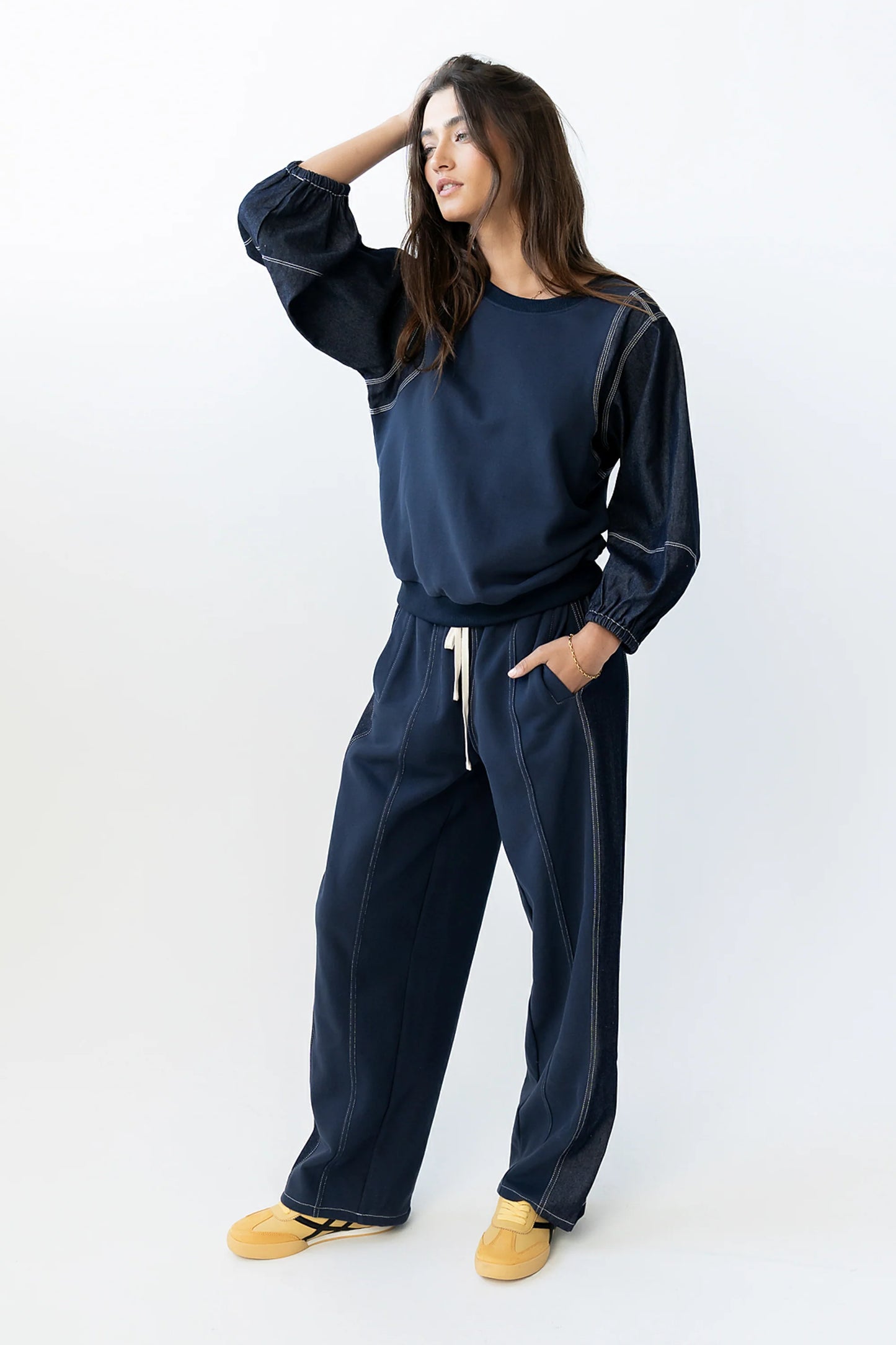Malinda Mixed Media Baggy Pants in Dark Wash