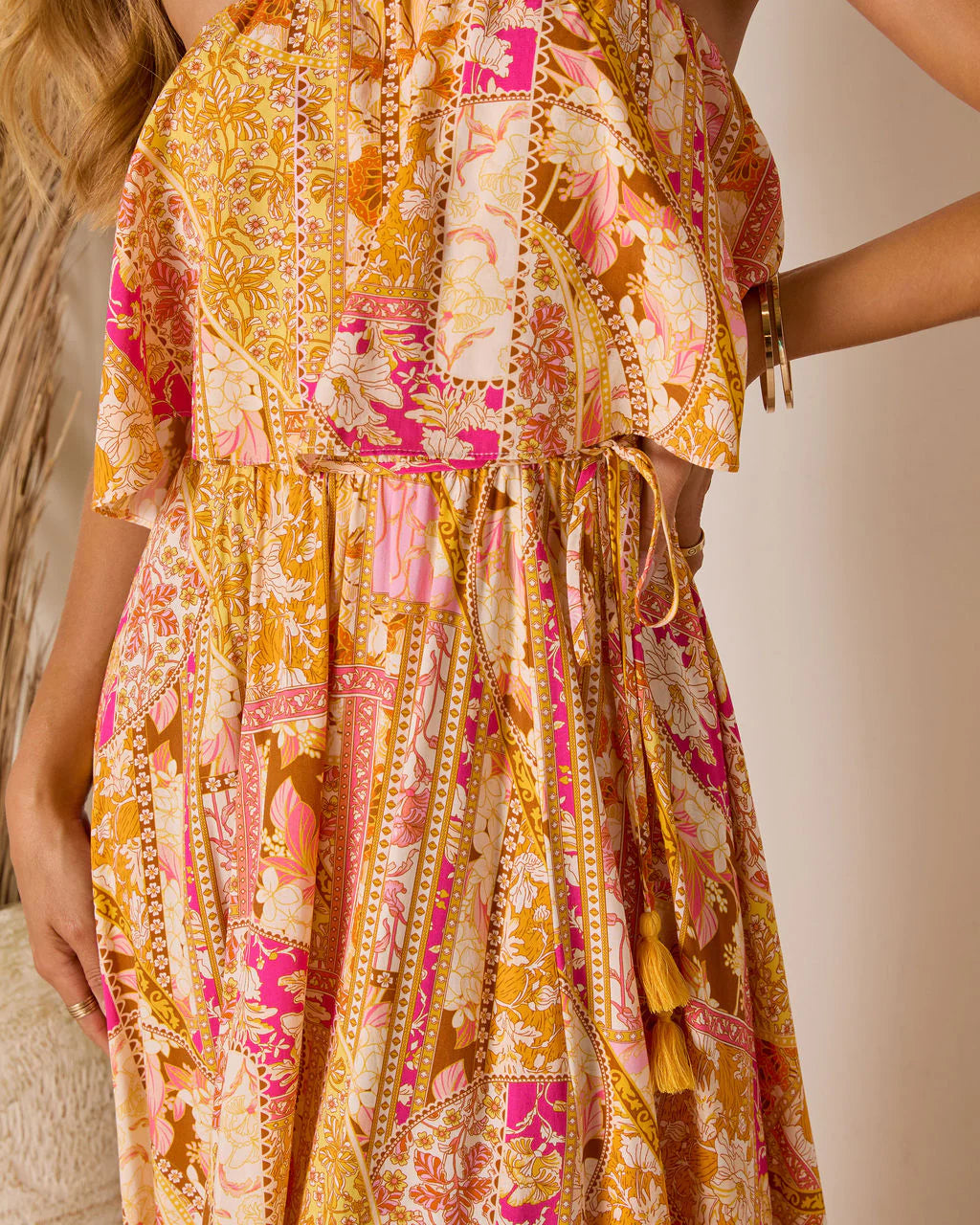 Rosha Printed Strapless Tie Maxi Dress