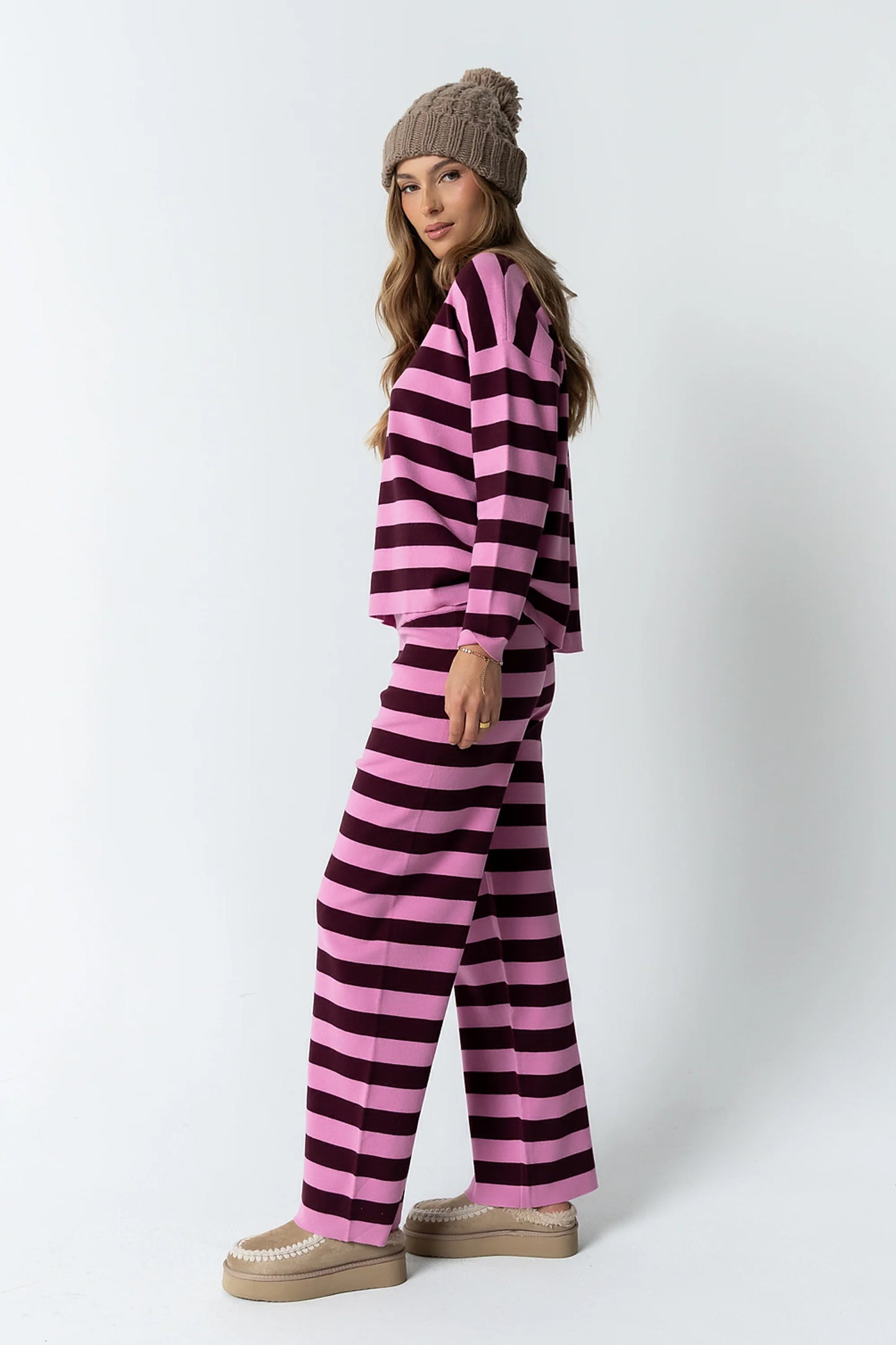 Joey Striped Wide Leg Pants in Berry