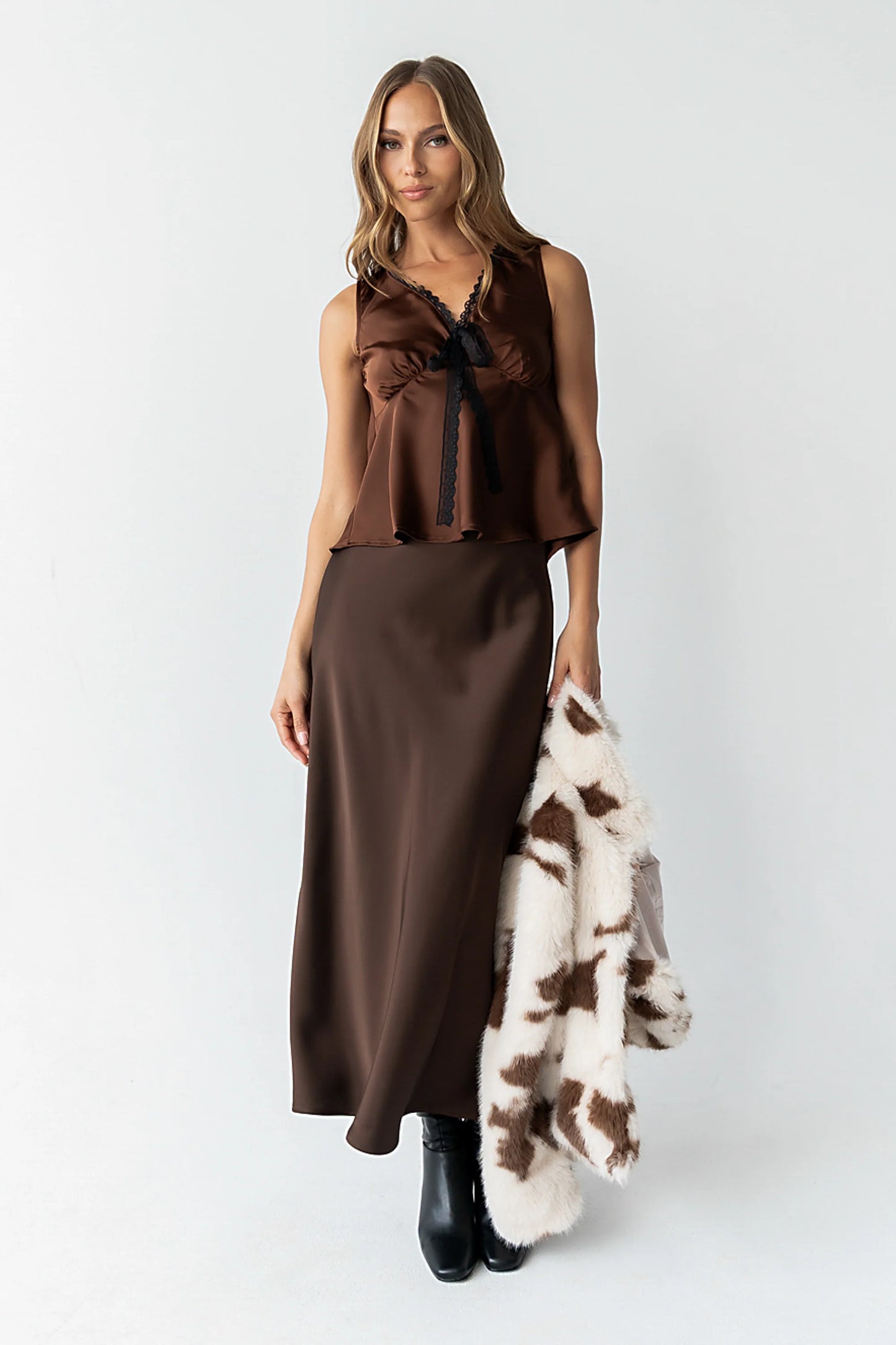 Tory Satin Maxi Skirt in Brown