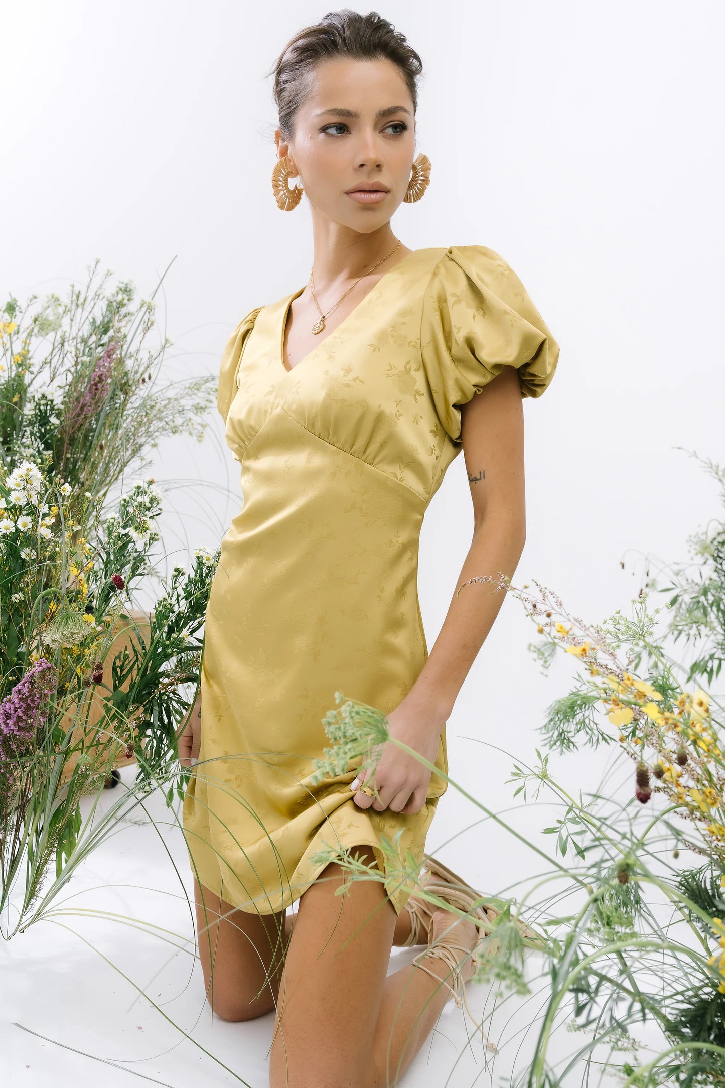 Brenna Floral Mini Dress in Chartreuse