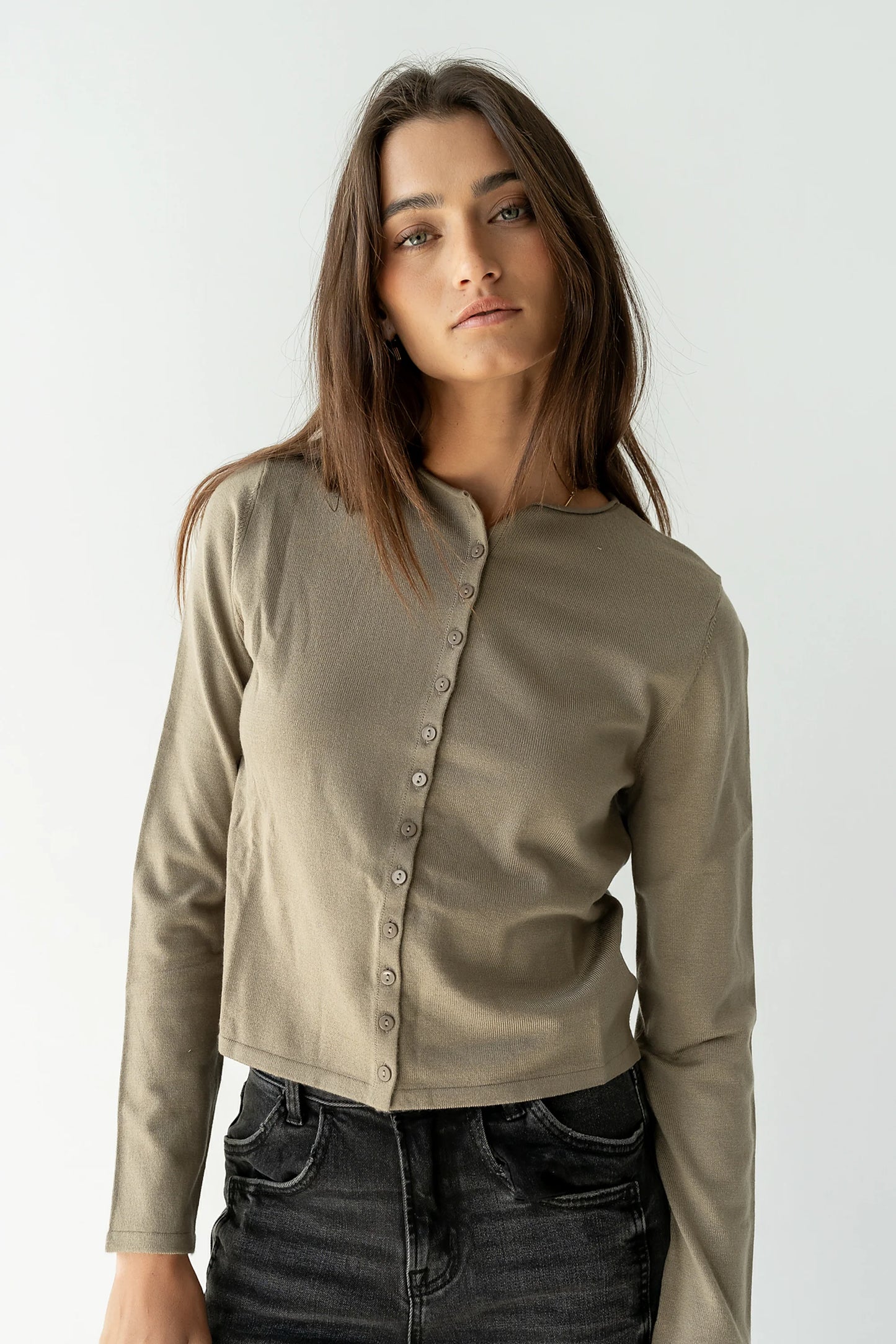 Maddy Button Up Cardigan in Olive