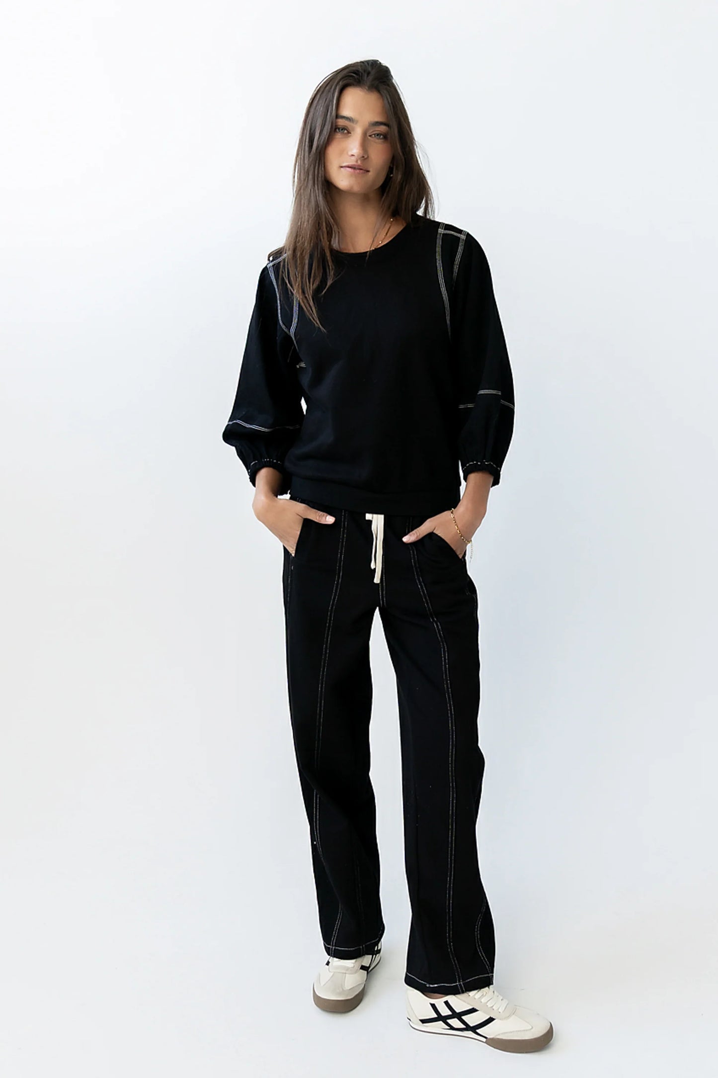 Malinda Mixed Media Baggy Pants in Black