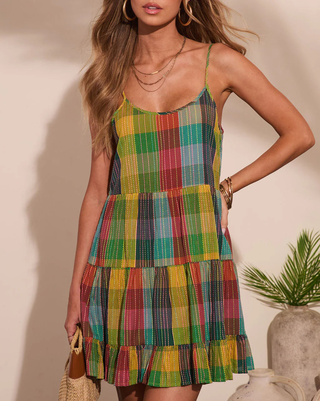 Solivra Shift Cotton Plaid Mini Dress