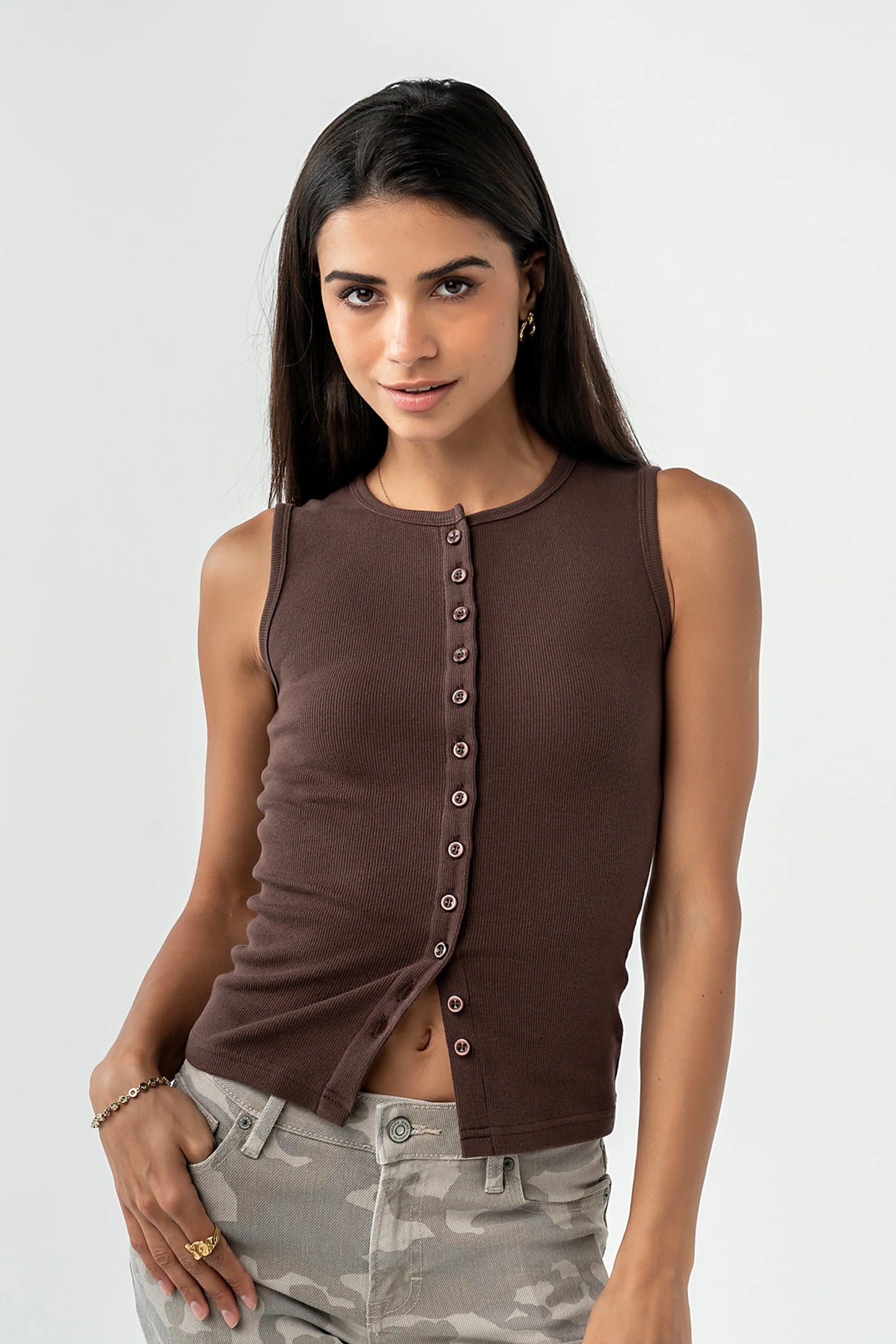 Lucas Button Up Tank Top in Brown