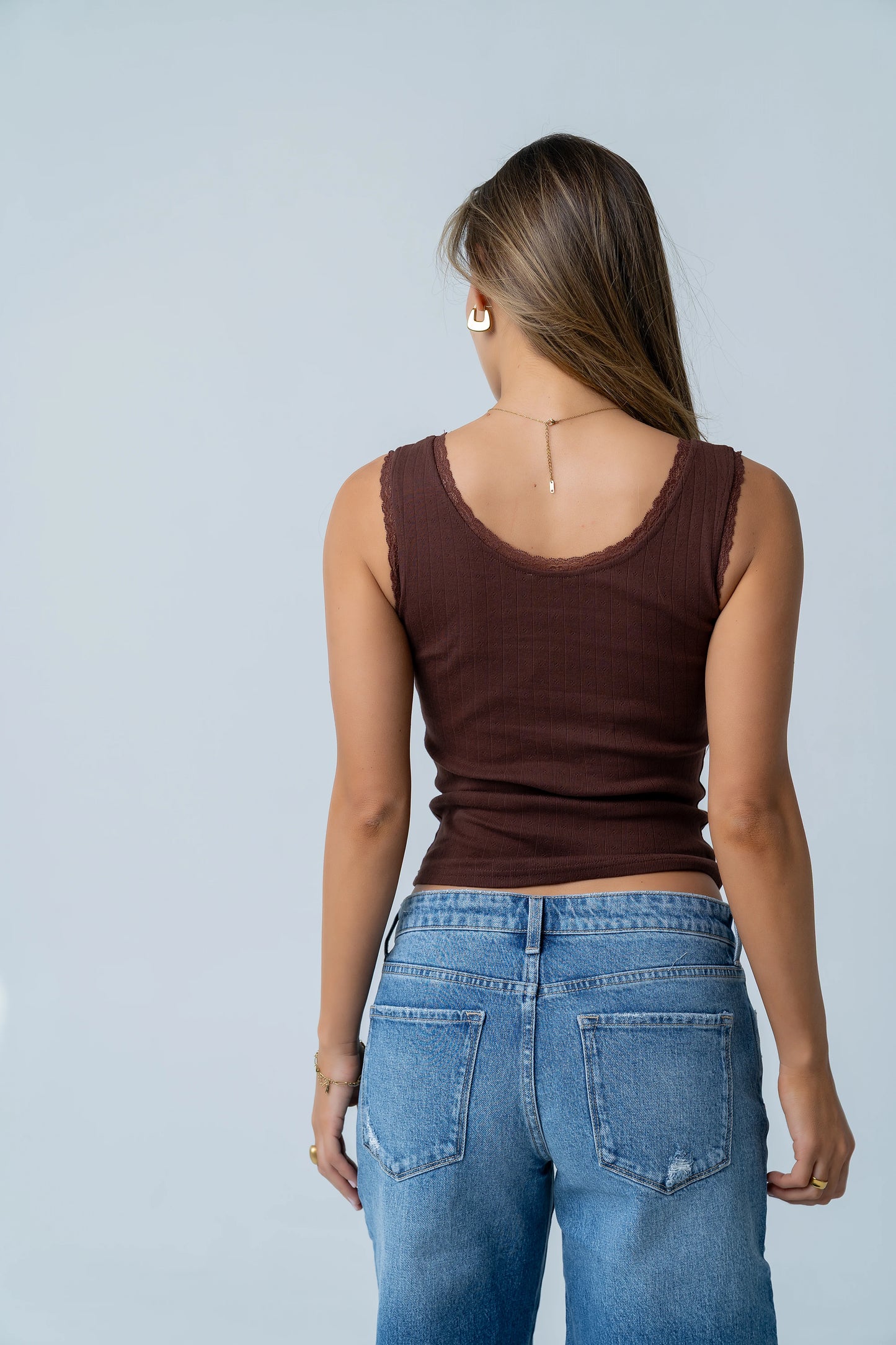 Mackie Lace Trim Tank in Brown