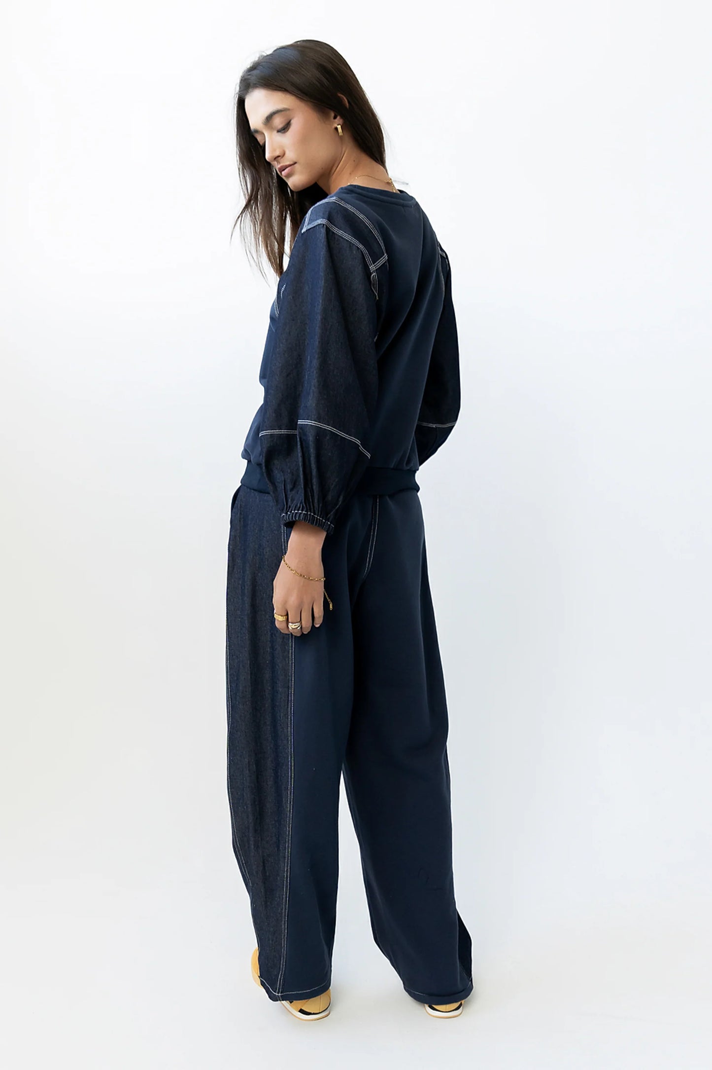 Malinda Mixed Media Baggy Pants in Dark Wash