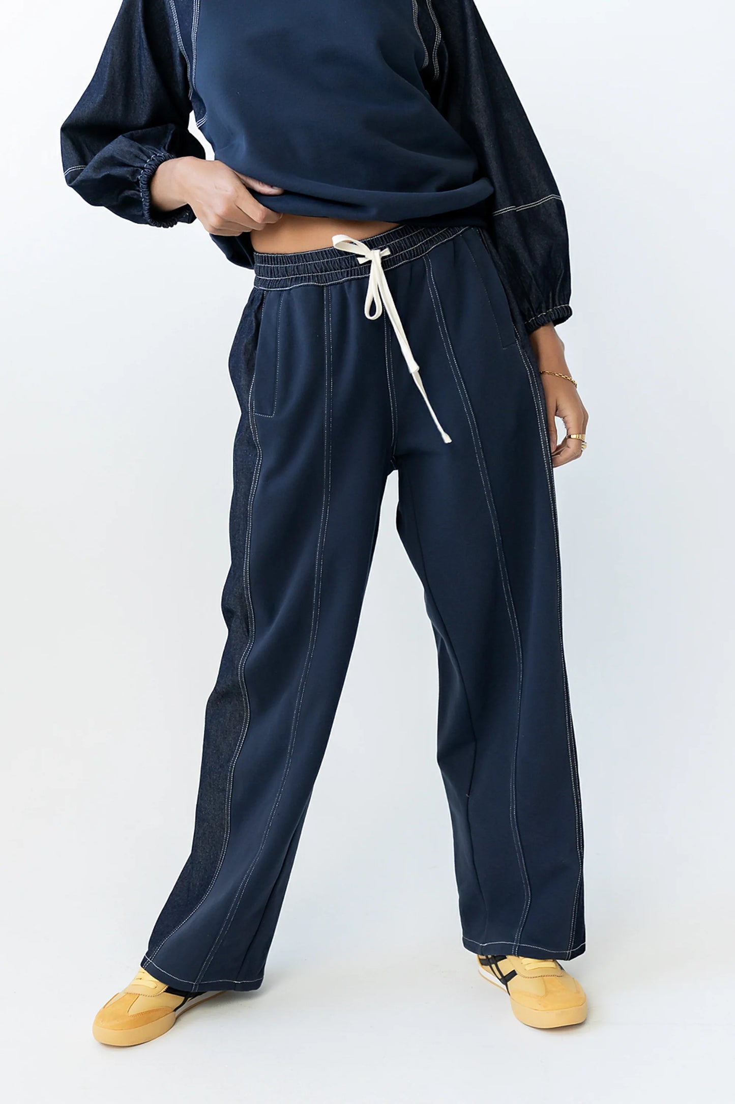 Malinda Mixed Media Baggy Pants in Dark Wash