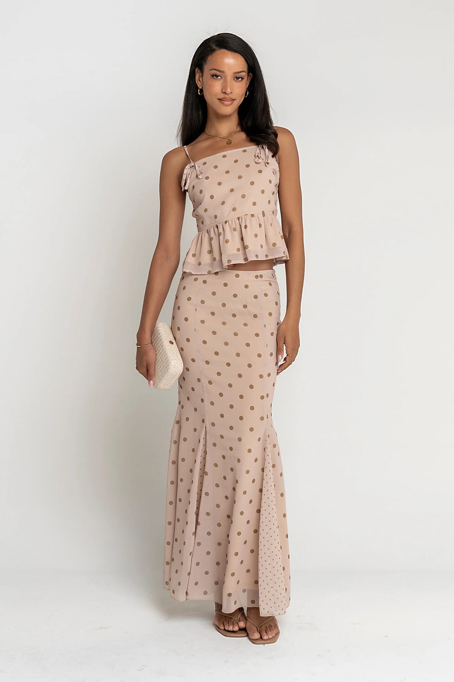 Freida Polka Dot Maxi Skirt in Taupe