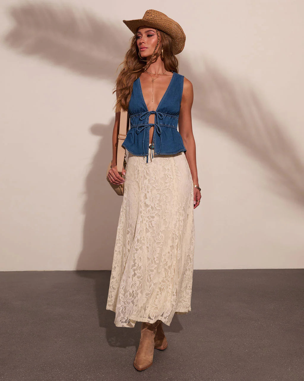 Sundust Muse Denim Front Tie Peplum Top