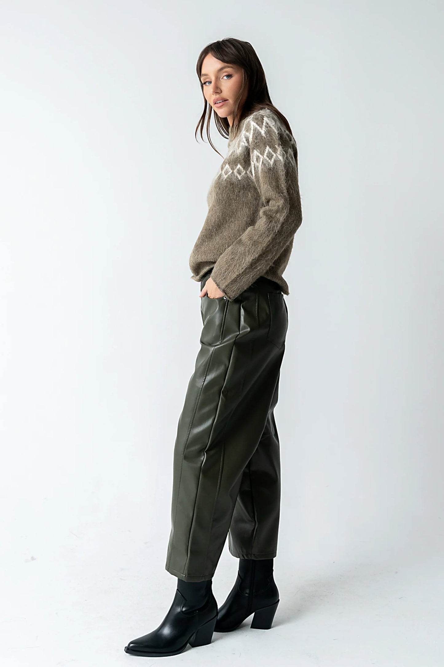 Langston Vegan Leather Barrel Jeans in Olive