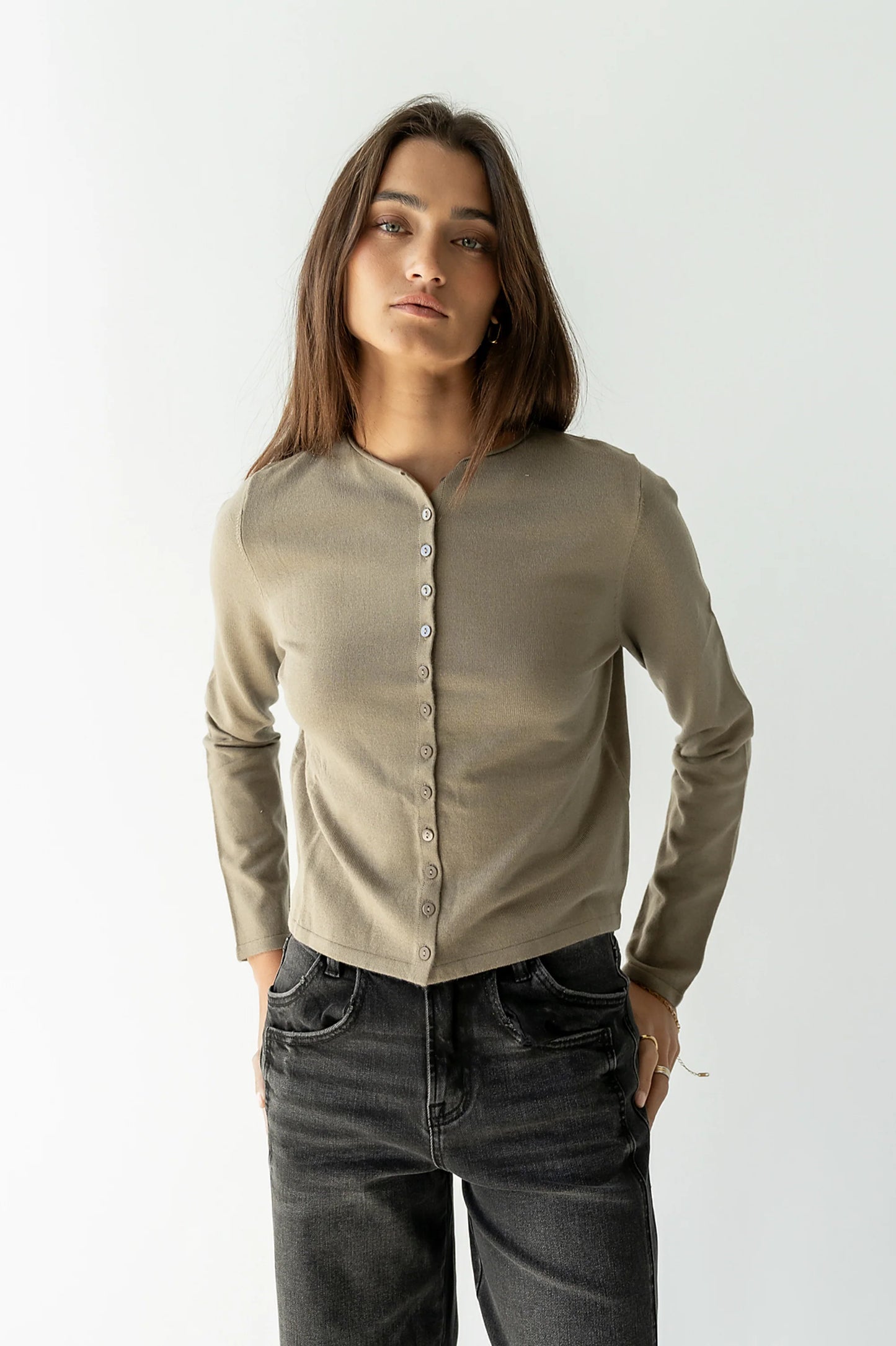 Maddy Button Up Cardigan in Olive