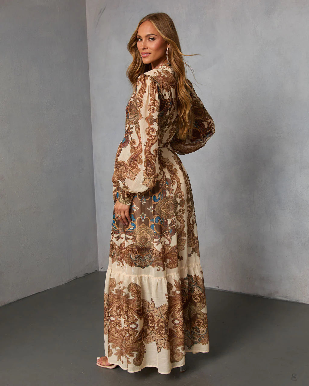 Echo Note Printed Waist Tie Maxi Dress