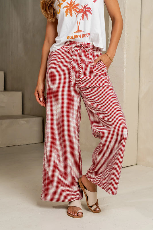 Ada Gingham Wide Leg Pants in Red