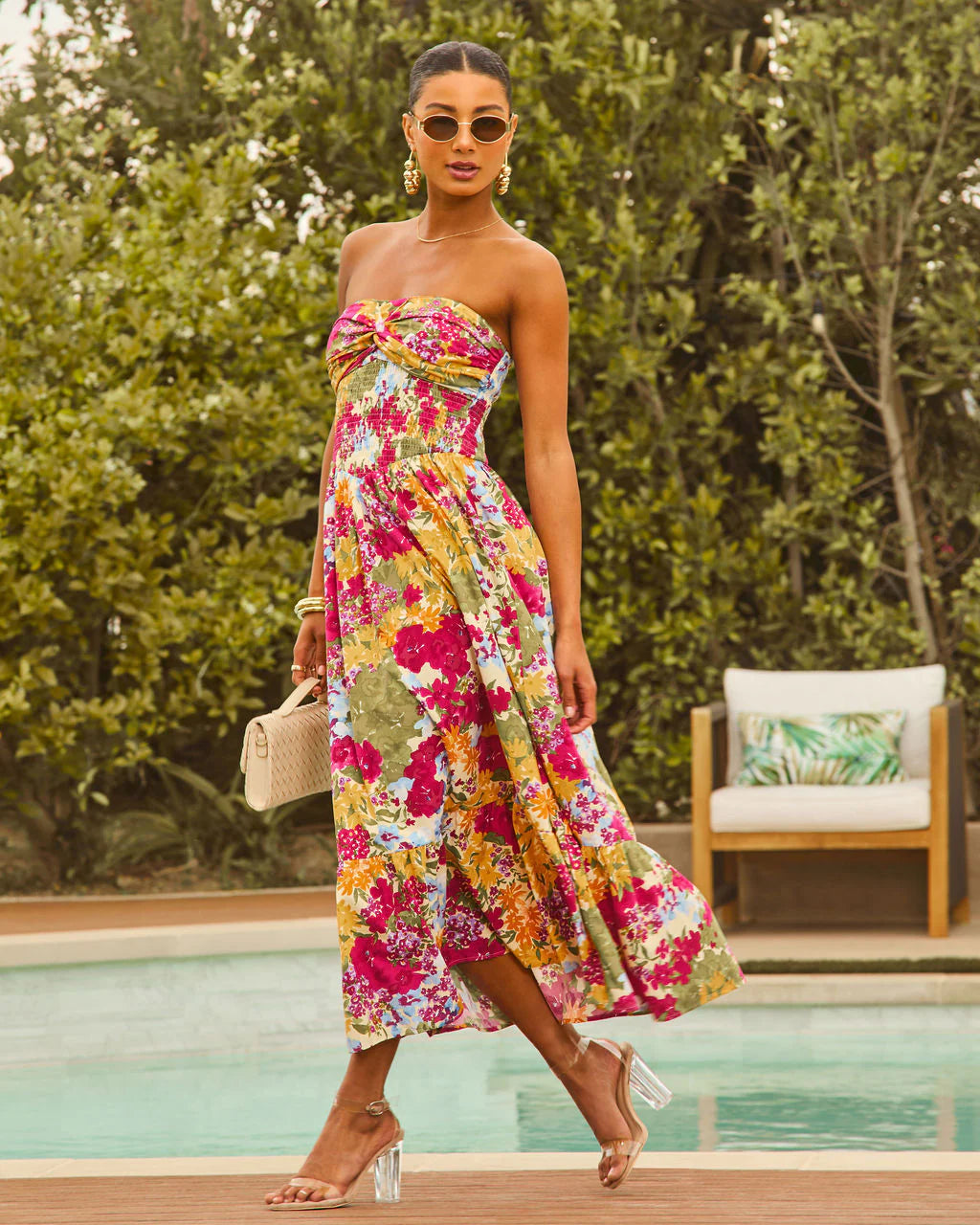 Lynelle Strapless Floral Smocked Midi Dress