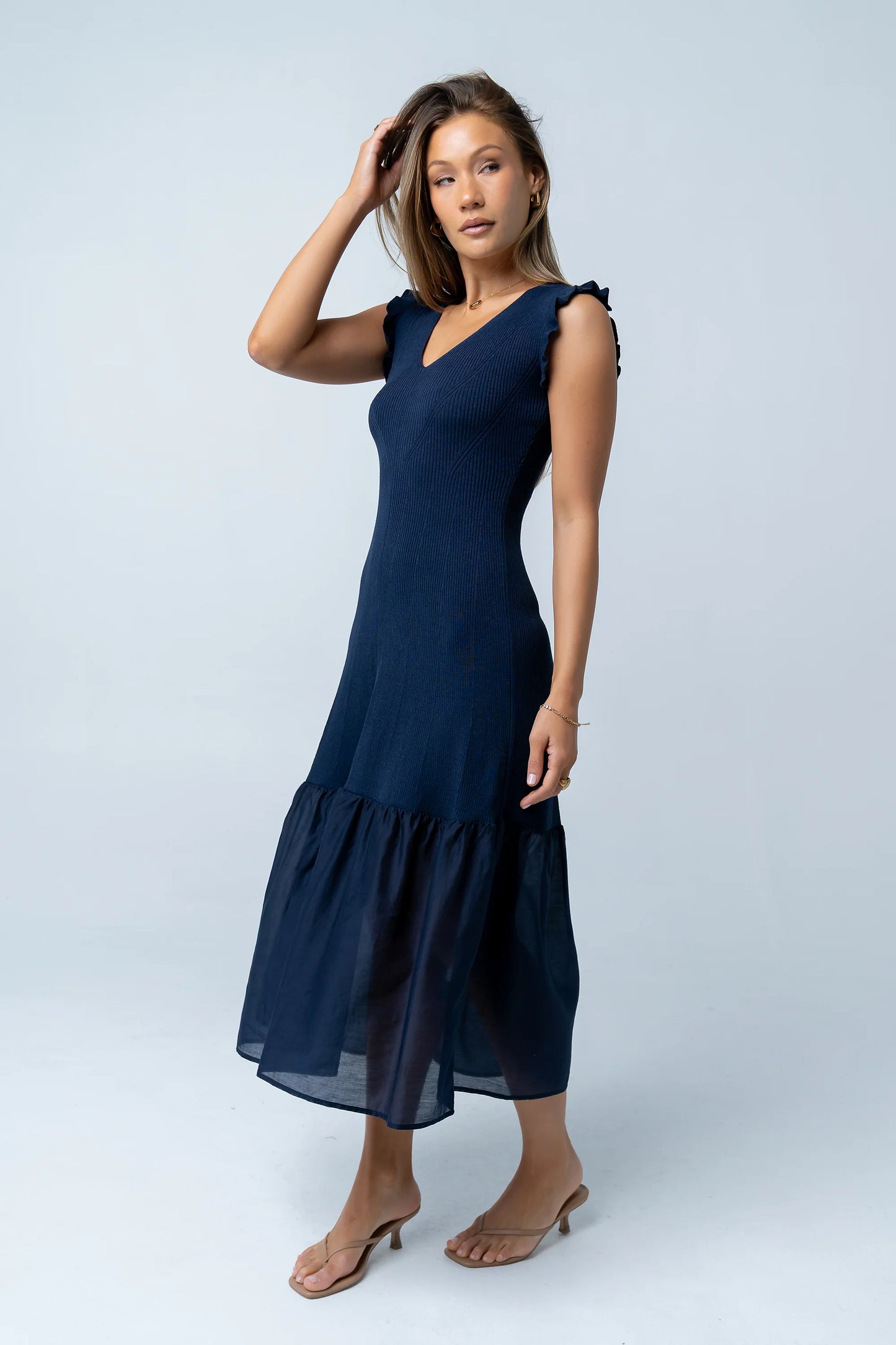 Lara Ribbed Midi Dress in Navy
