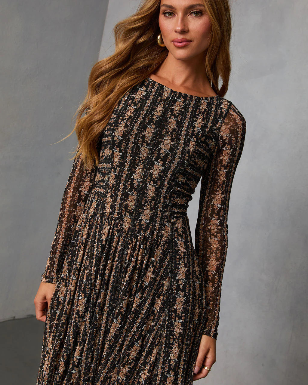 Rusted Rose Printed Mesh Midi Dress