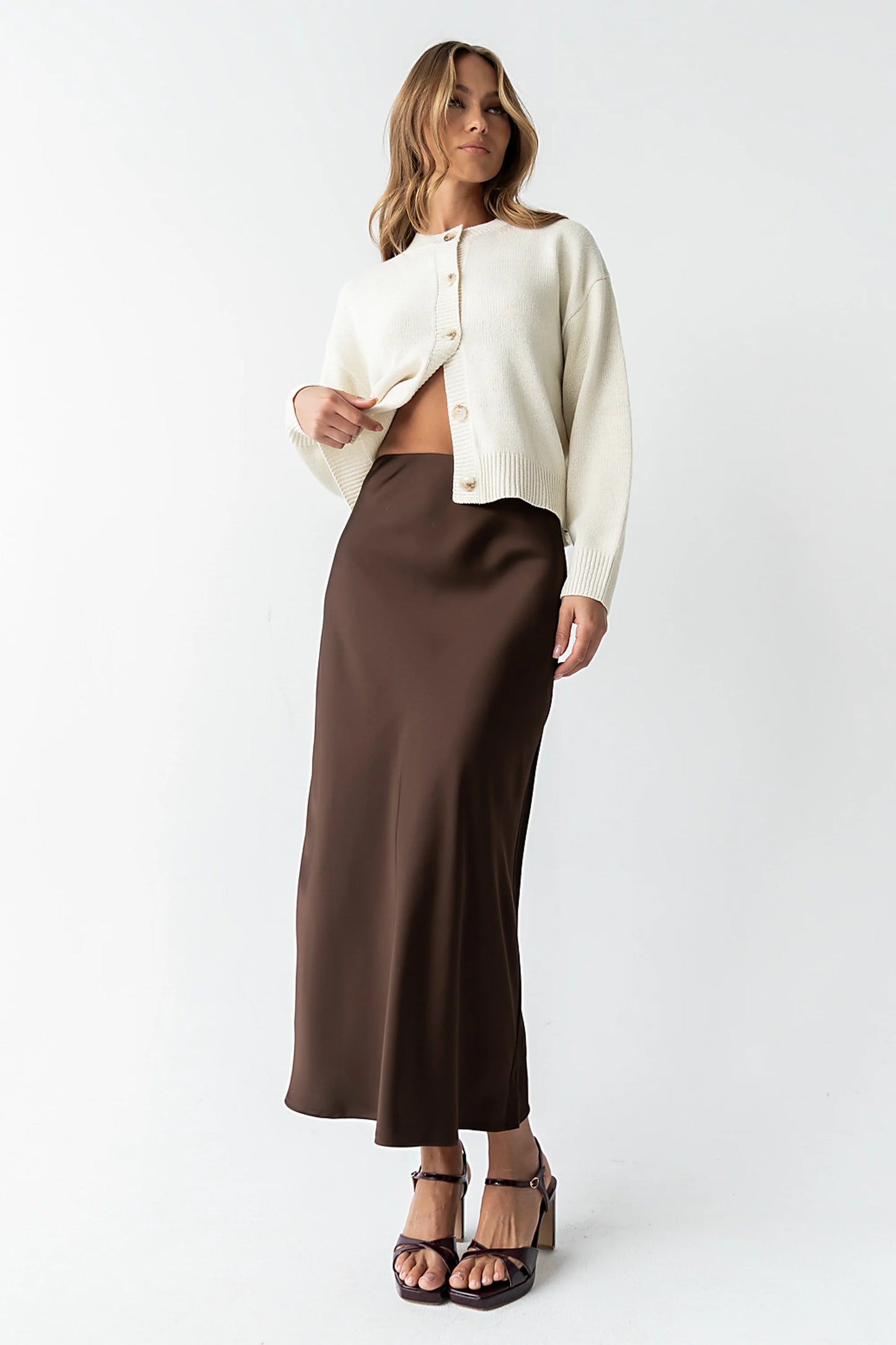 Tory Satin Maxi Skirt in Brown