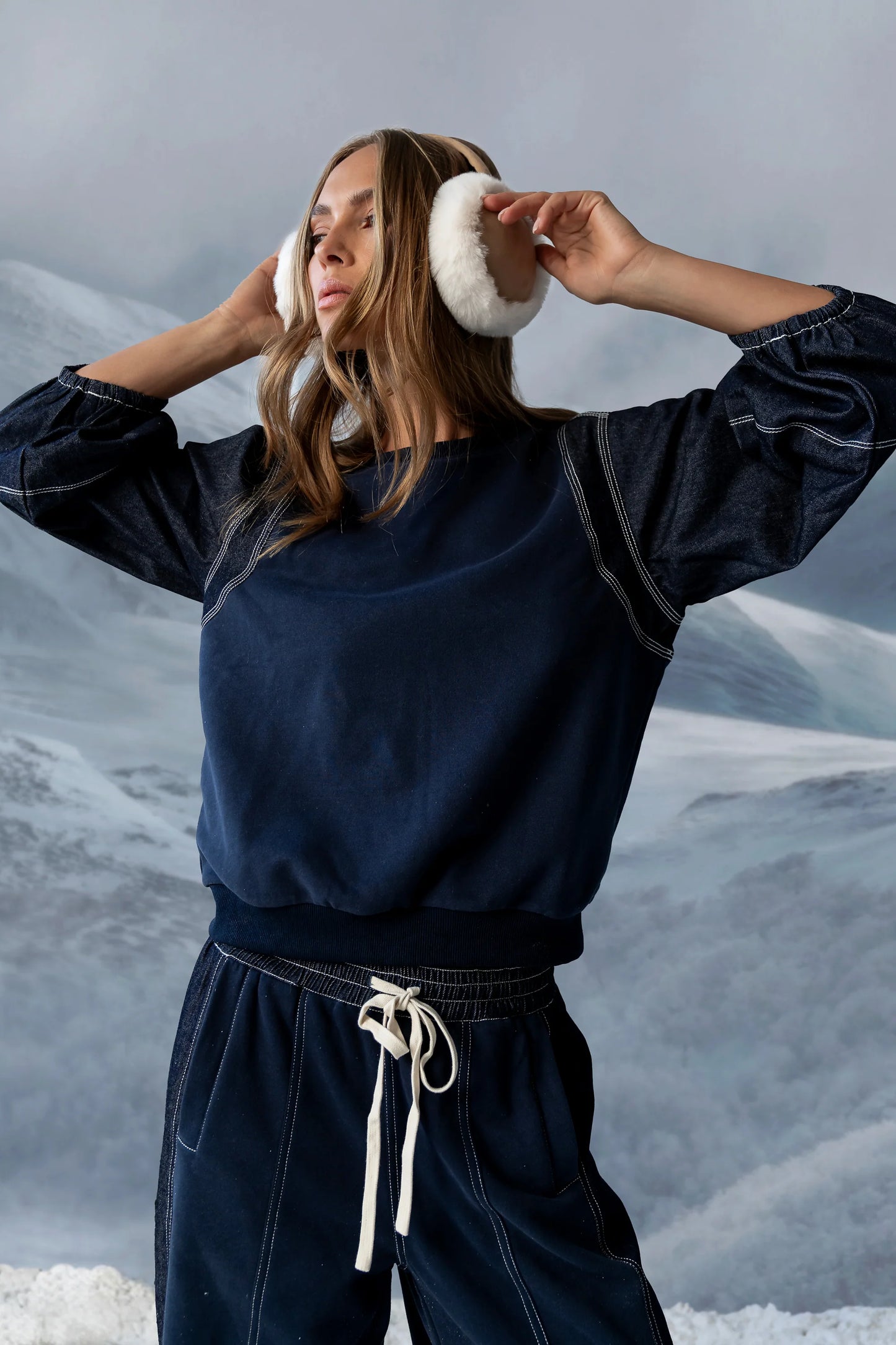 Malinda Mixed Media Top in Dark Wash