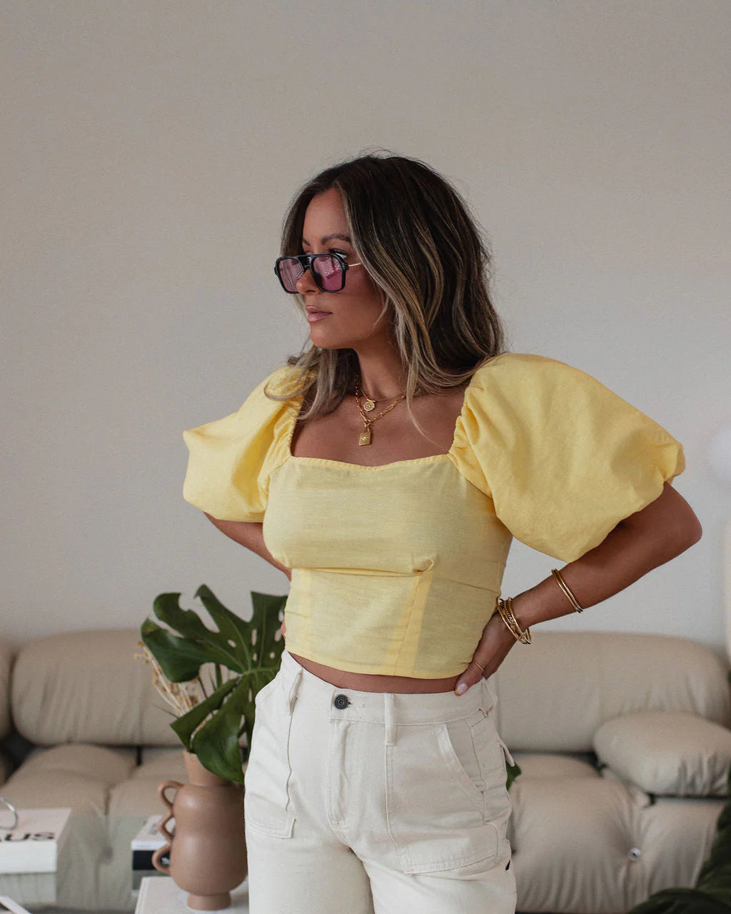 Rylee Cotton Linen Blend Puff Sleeve Top
