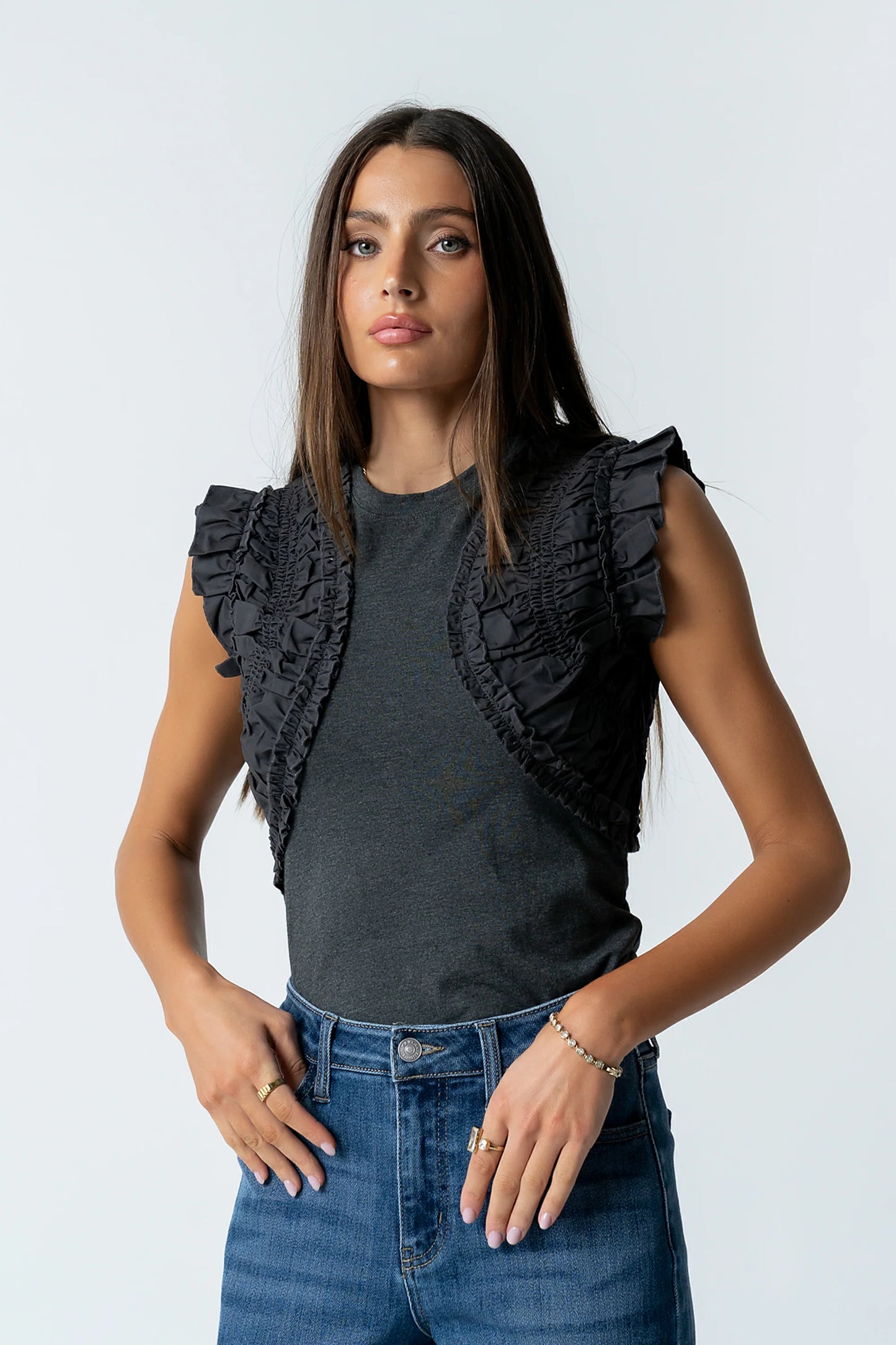 Storie Mixed Media Top in Charcoal