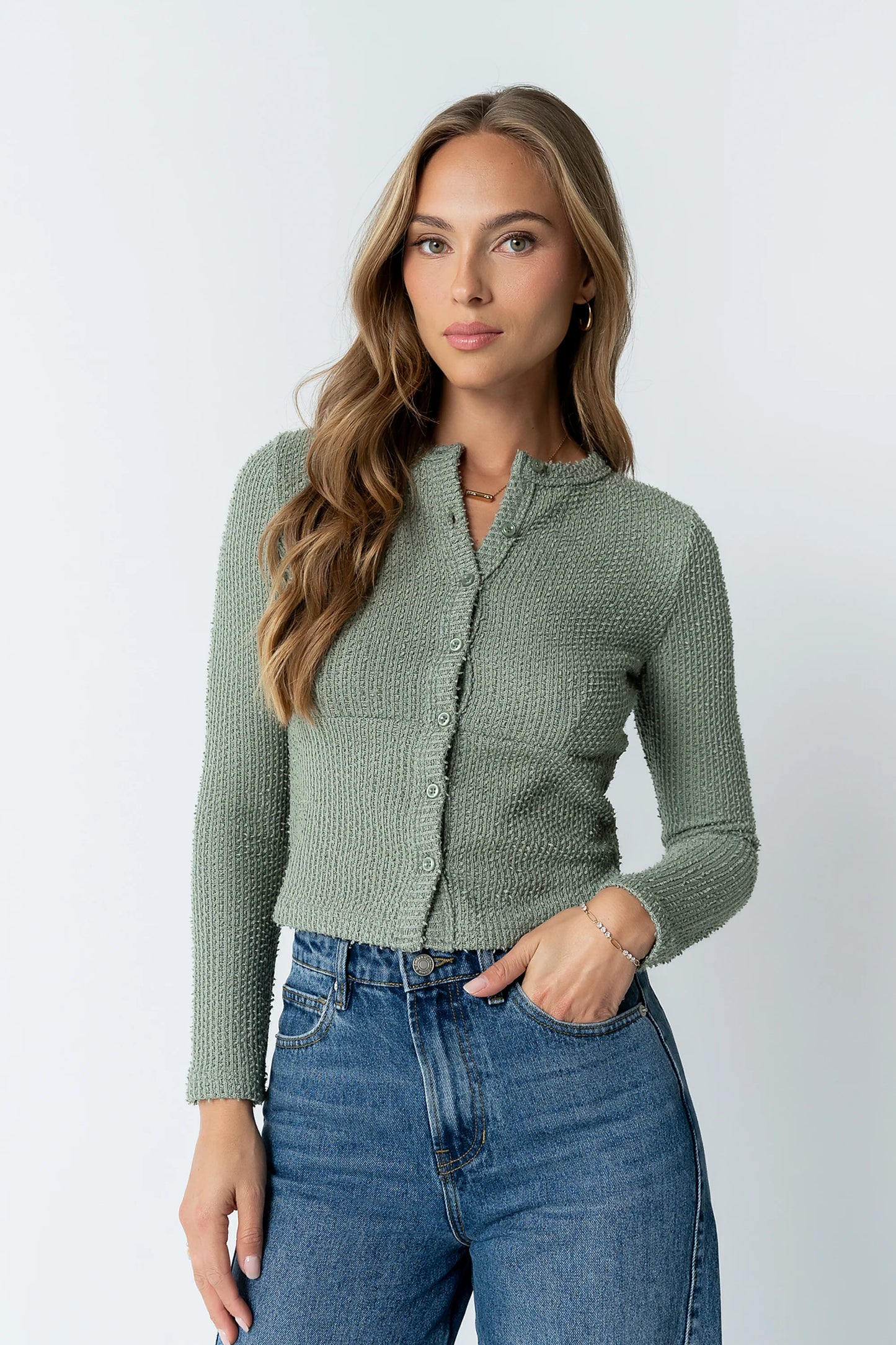 Mindy Button Front Sweater in Green