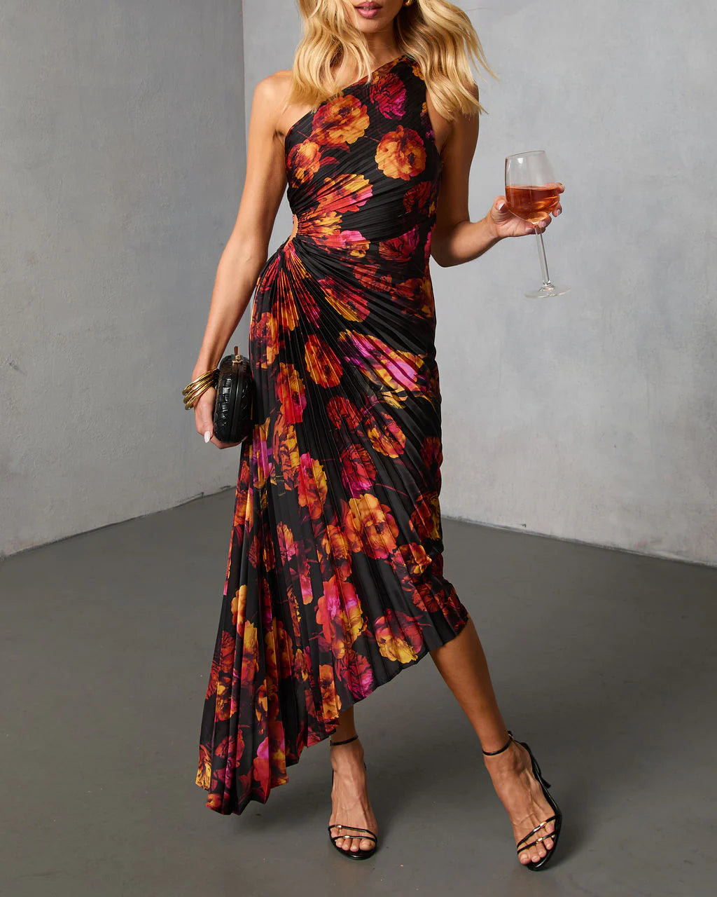 Modern Day Glam Printed One Shoulder Asymmetrical Maxi Dress