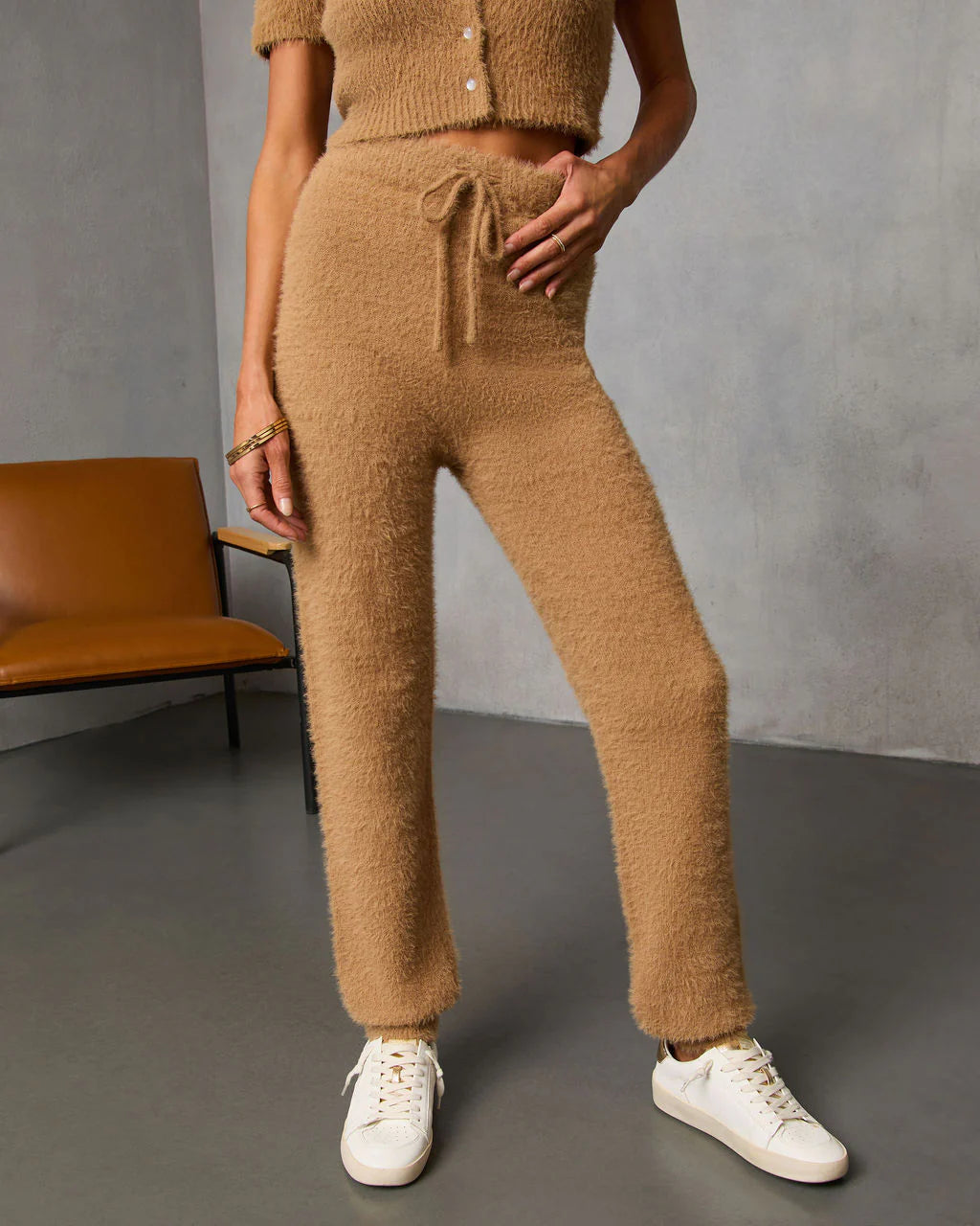Chai Fall Fuzzy Knit High Rise Waist Tie Pants
