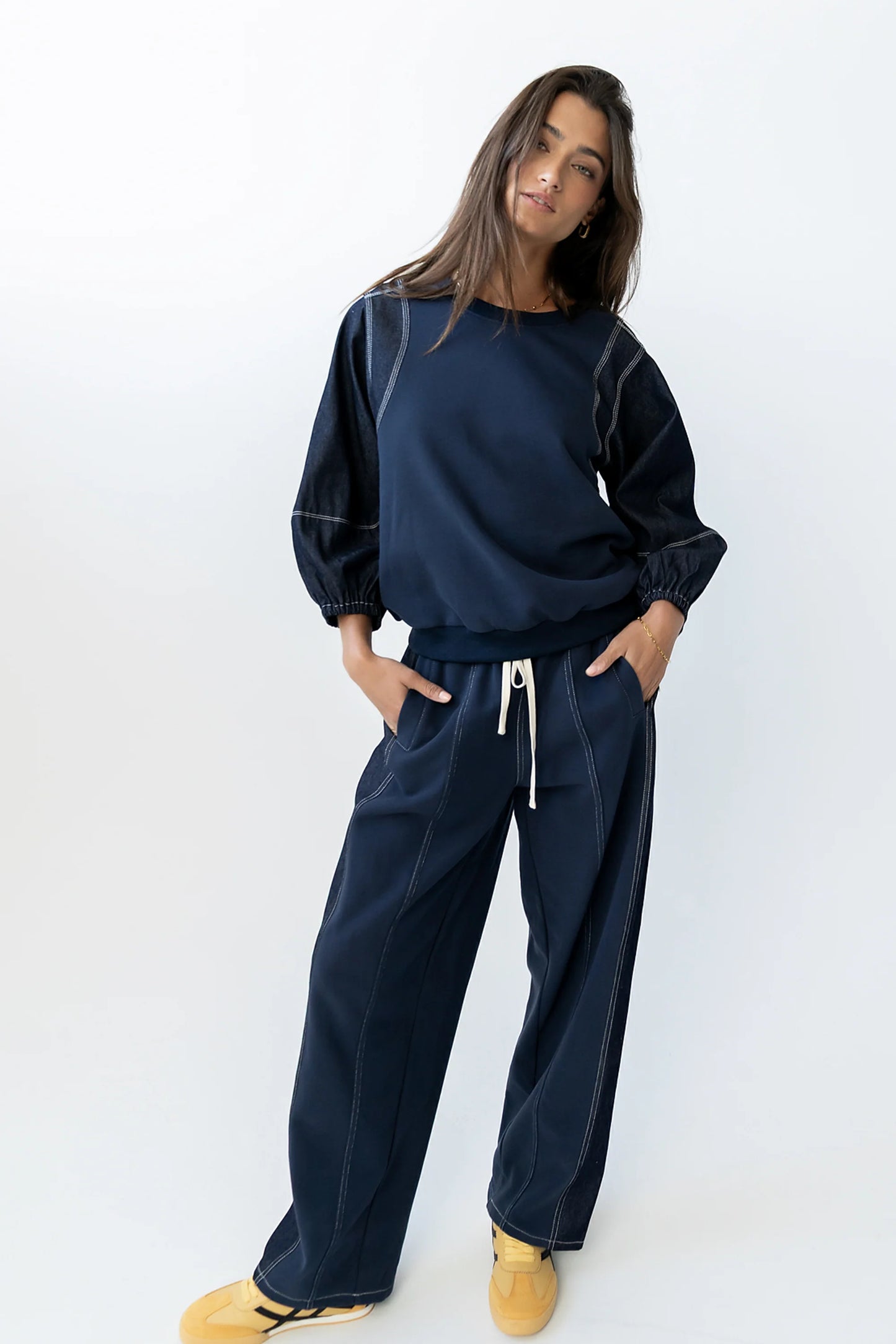 Malinda Mixed Media Top in Dark Wash