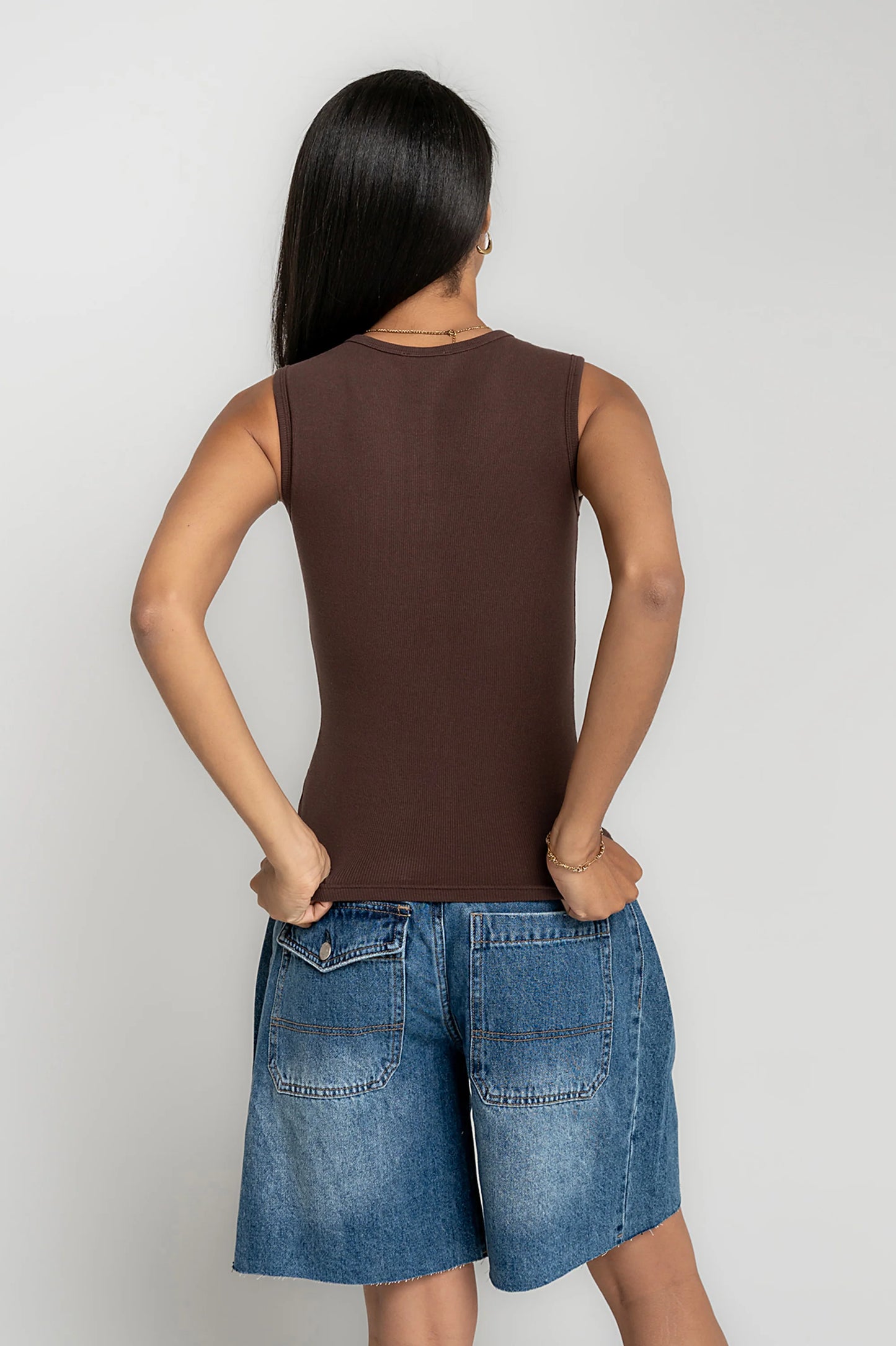 Lucas Button Up Tank Top in Brown