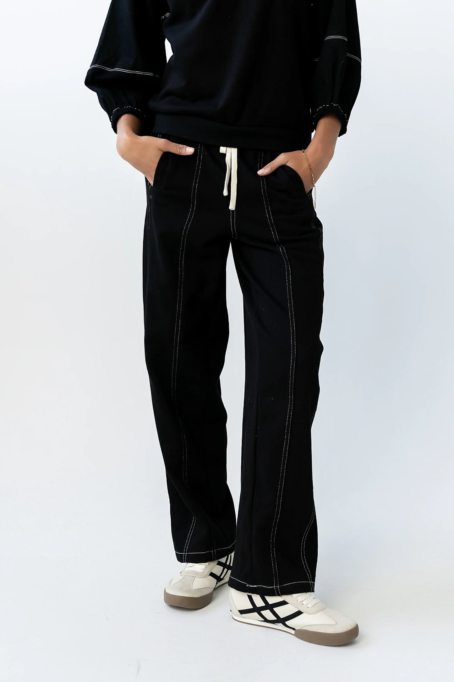 Malinda Mixed Media Baggy Pants in Black