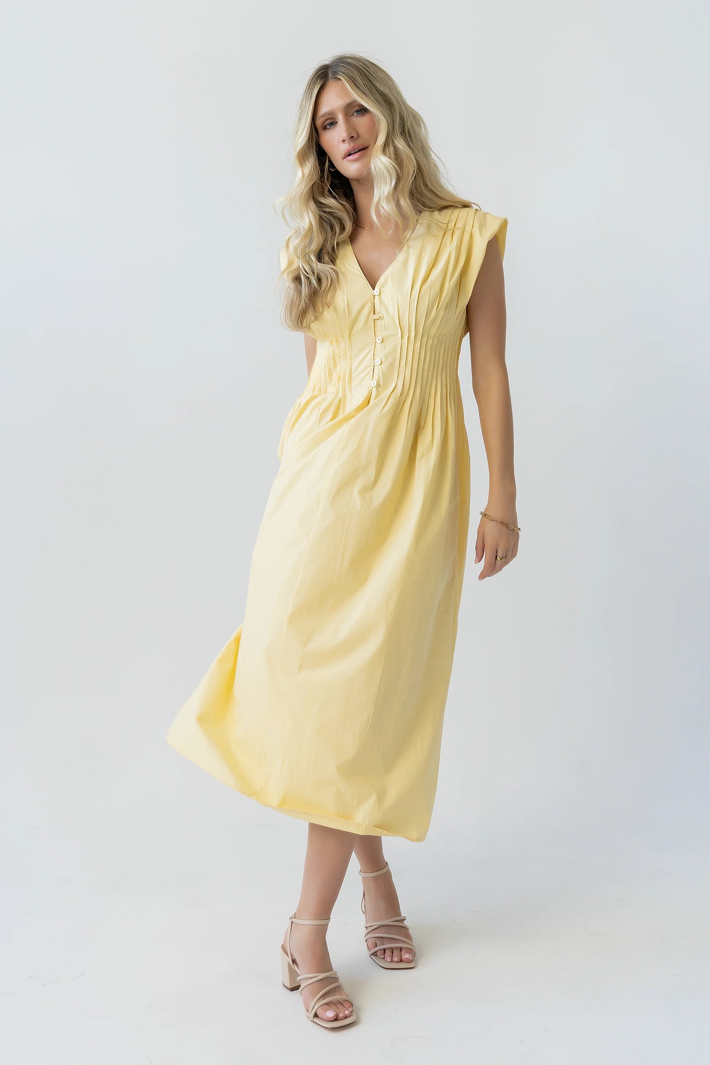 Barb Pleated Midi Dress in Yellow