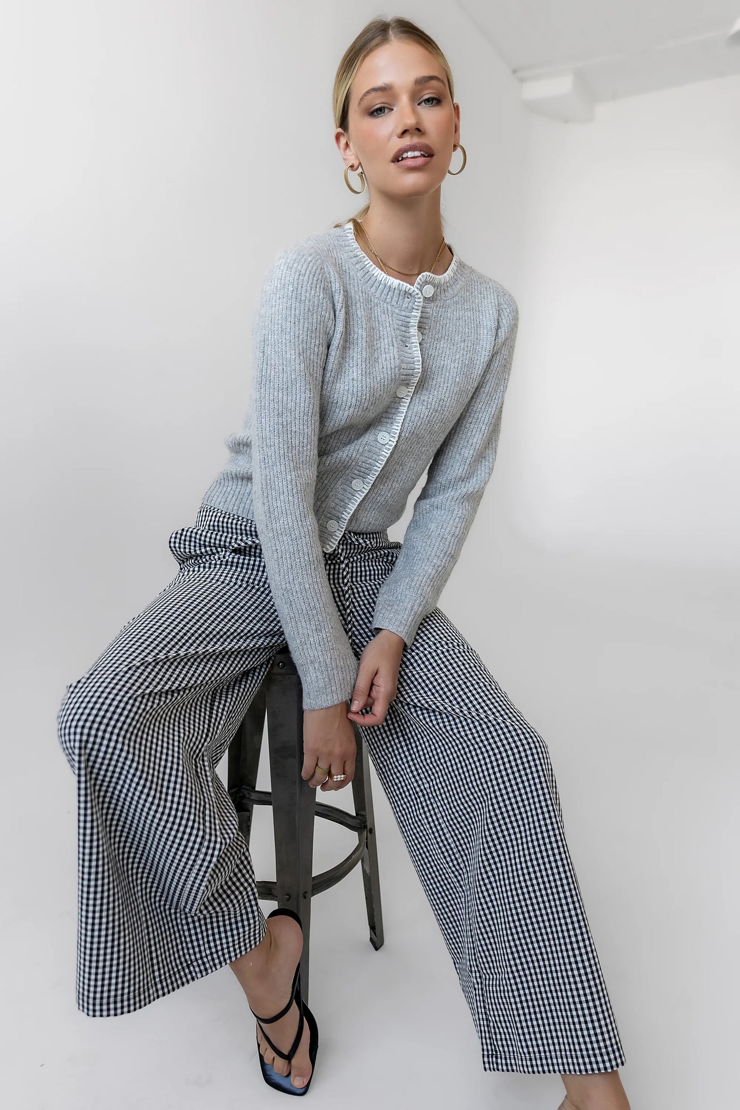 Ada Gingham Wide Leg Pants in Black