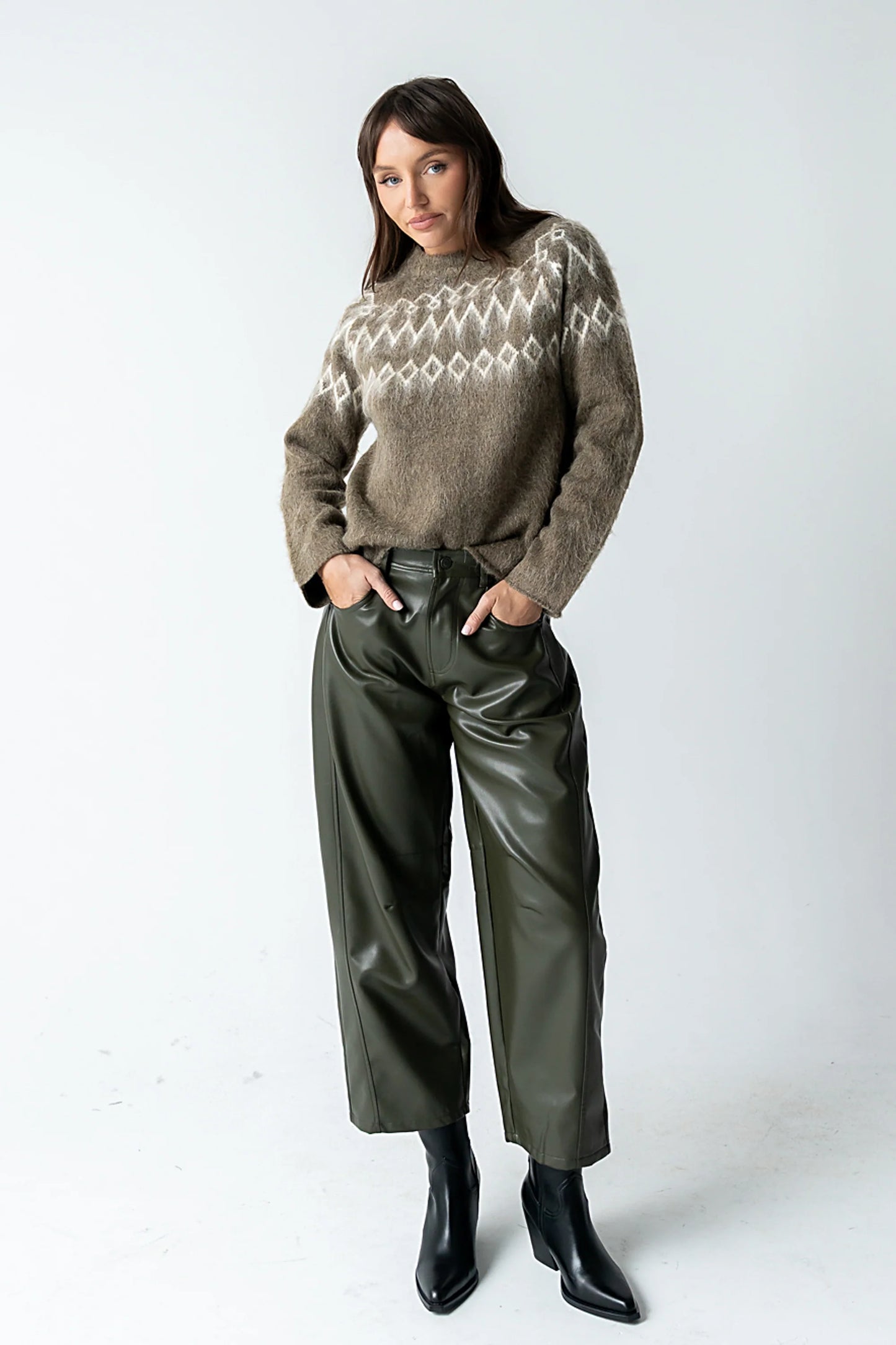 Langston Vegan Leather Barrel Jeans in Olive