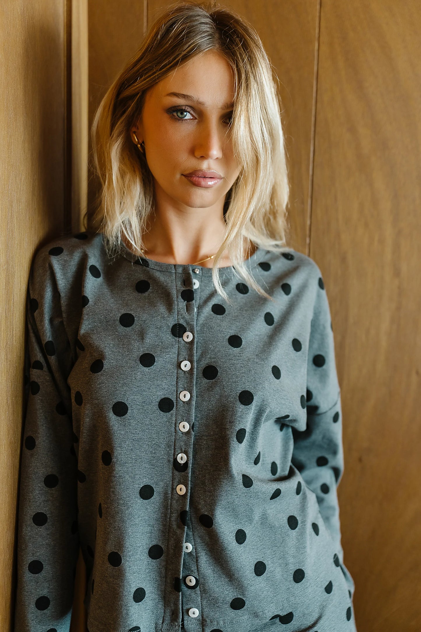 James Polka Dot Long Sleeve in Charcoal
