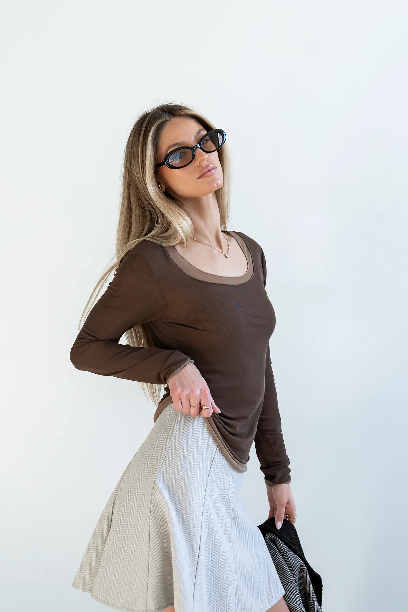 Lex Layered Mesh Top in Brown