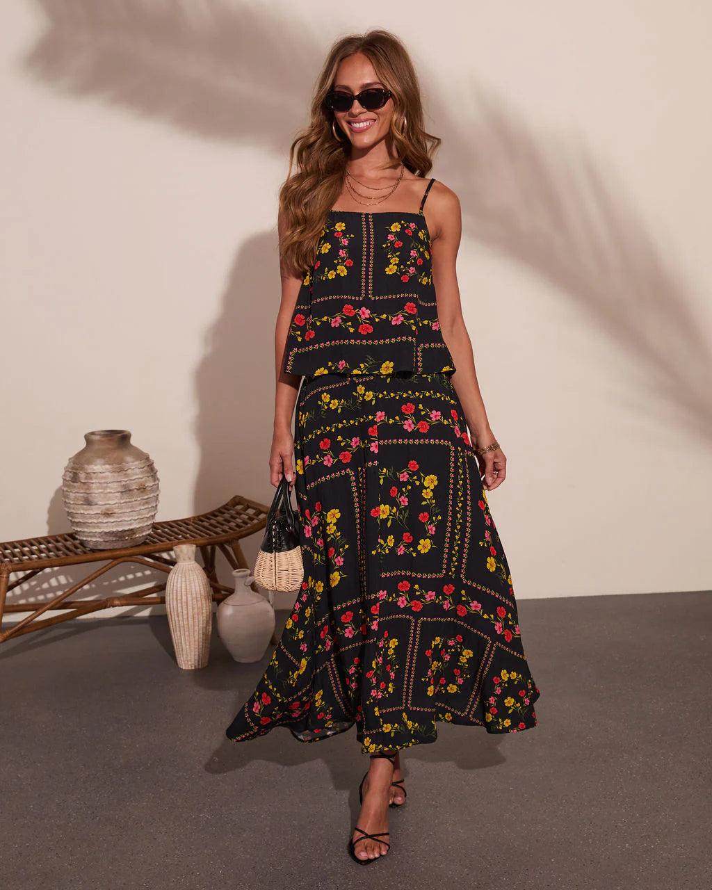Sunkissed Meadow Floral Print Midi Skirt