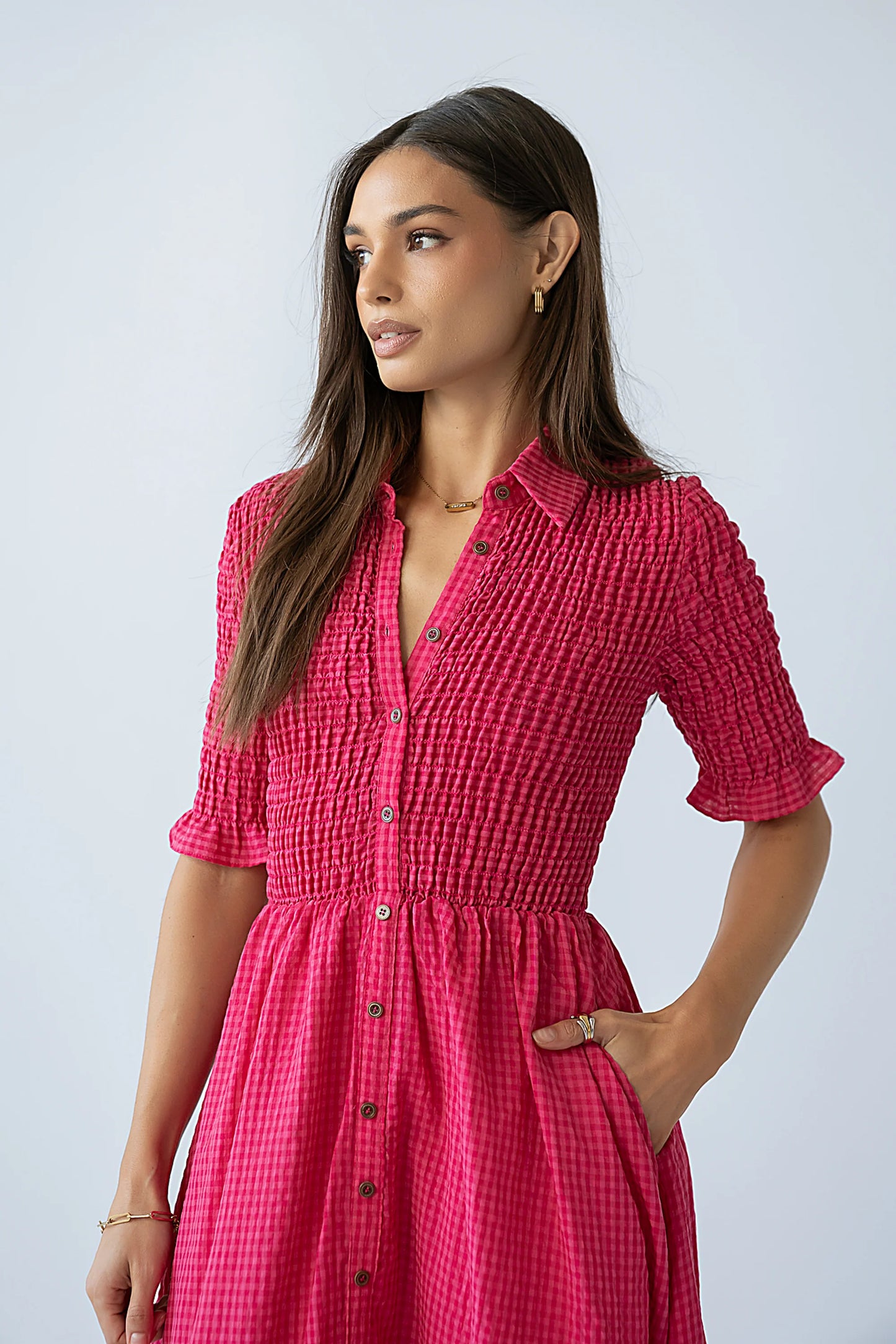 Jonas Gingham Midi Dress in Pink