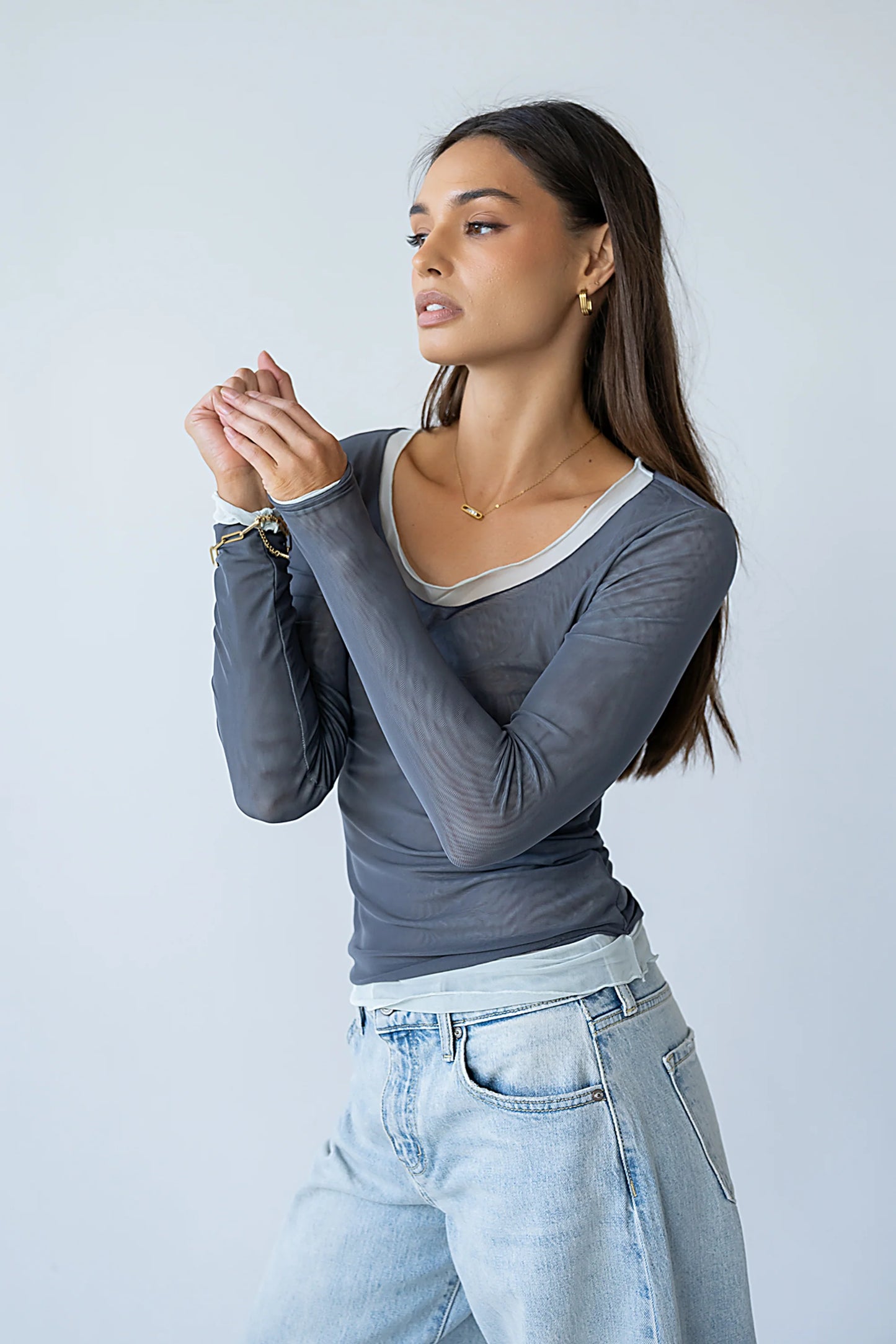Lex Layered Mesh Top in Slate Blue
