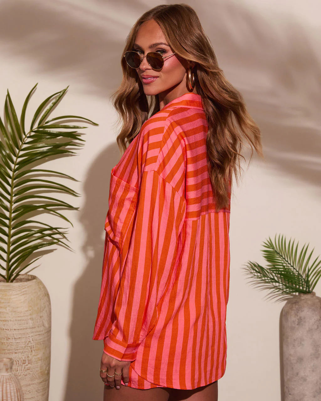 Sun Drunk Contrast Striped Button Down Top