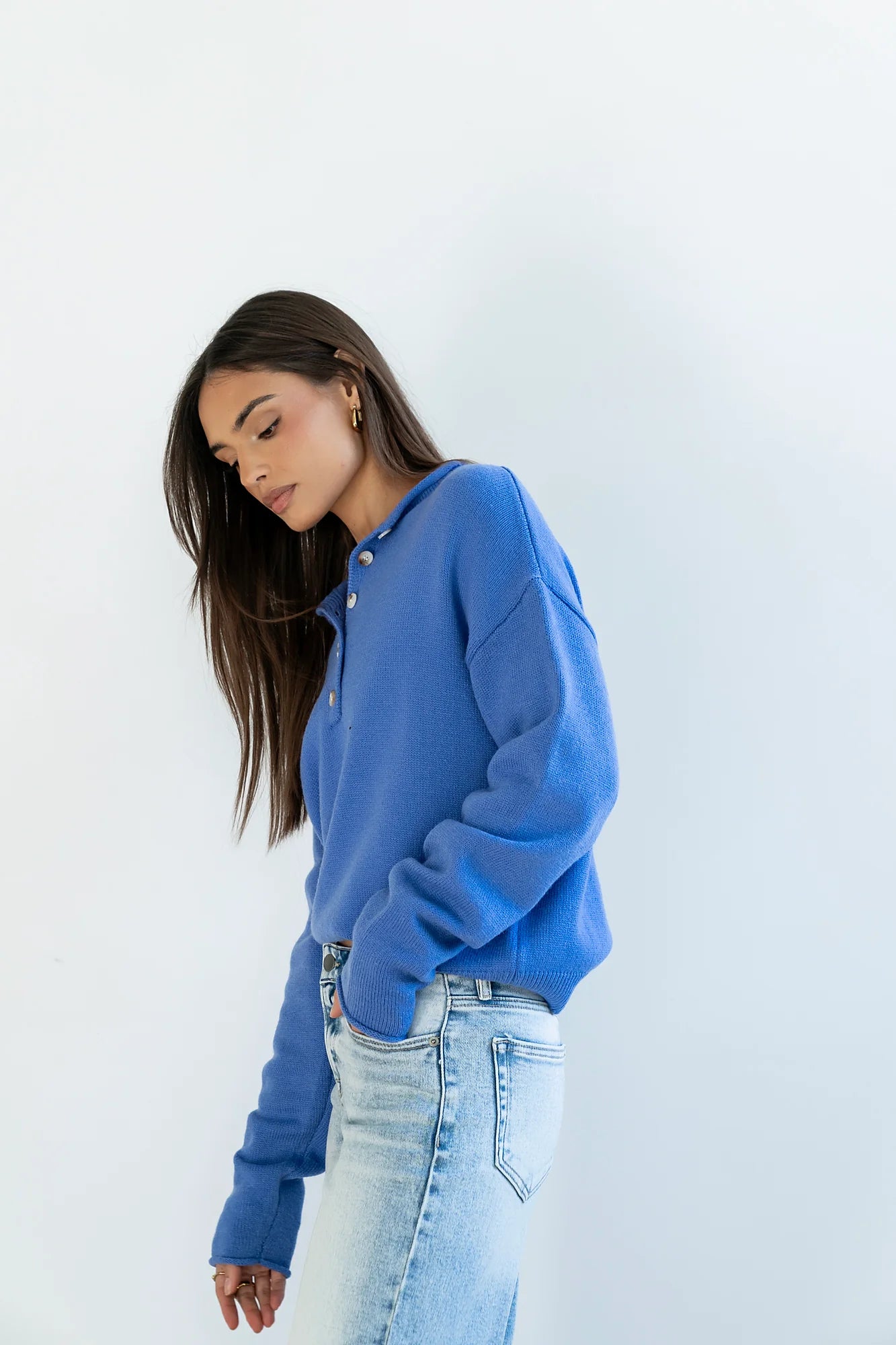 Meli Button Front Knit Sweater in Blue