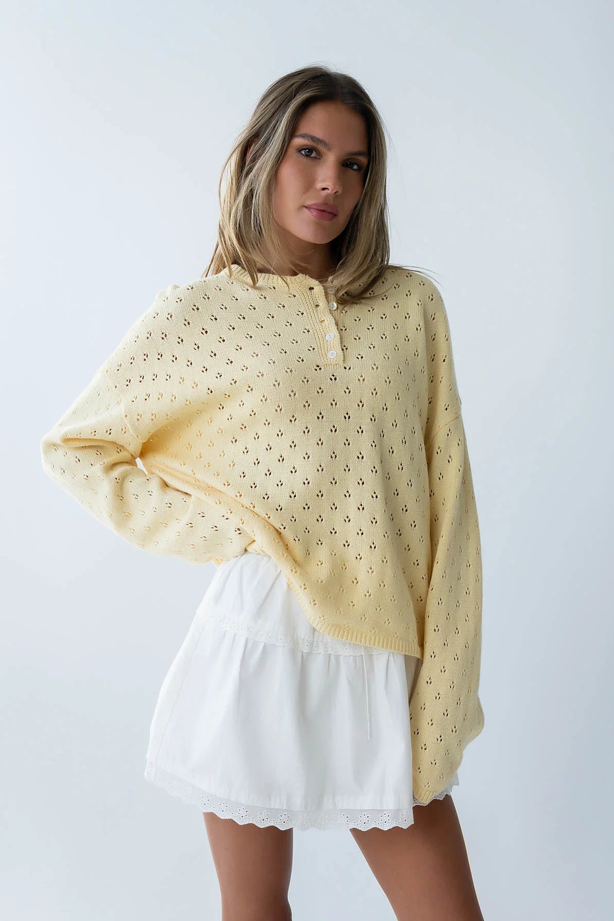 Margot Pointelle Sweater in Butter Yellow